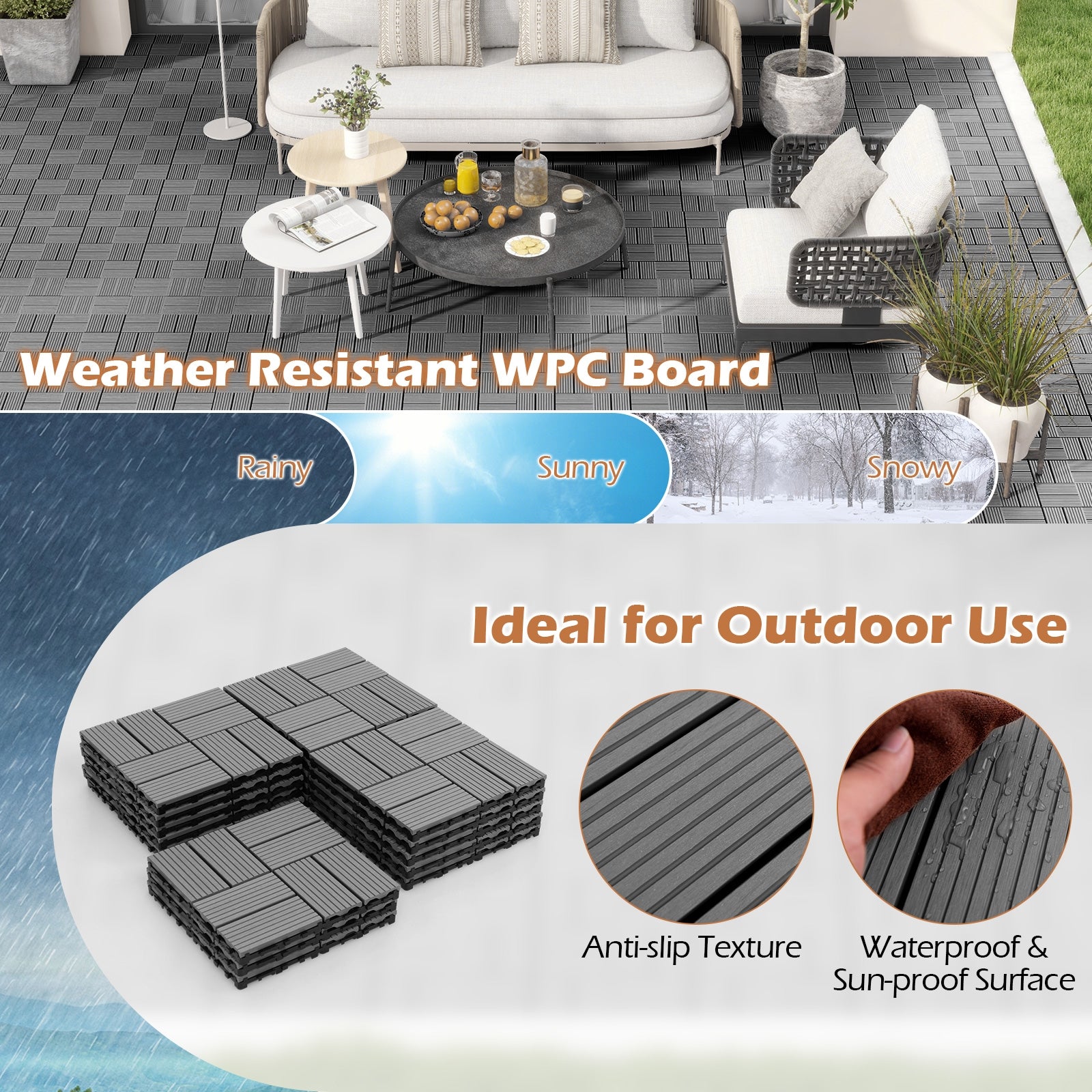 18 Pieces 12 x 12 Inch All Weather Interlocking Deck Tiles, Gray Decorative Fencing & Flooring   at Gallery Canada