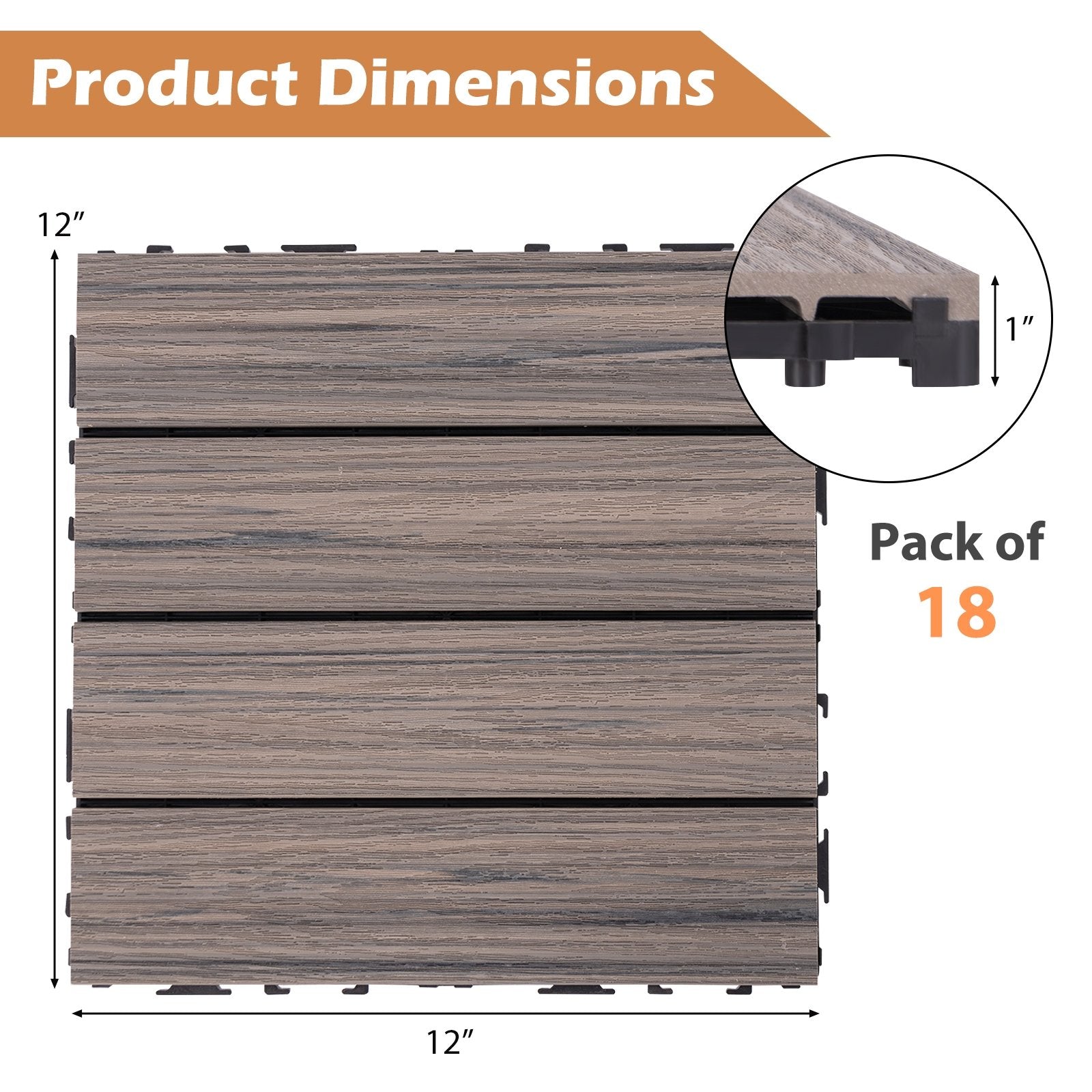 18 Pieces 12 x 12 Inch Interlocking Deck Tiles for 1.7㎡ Total Splicing Area, Gray Decorative Fencing & Flooring   at Gallery Canada