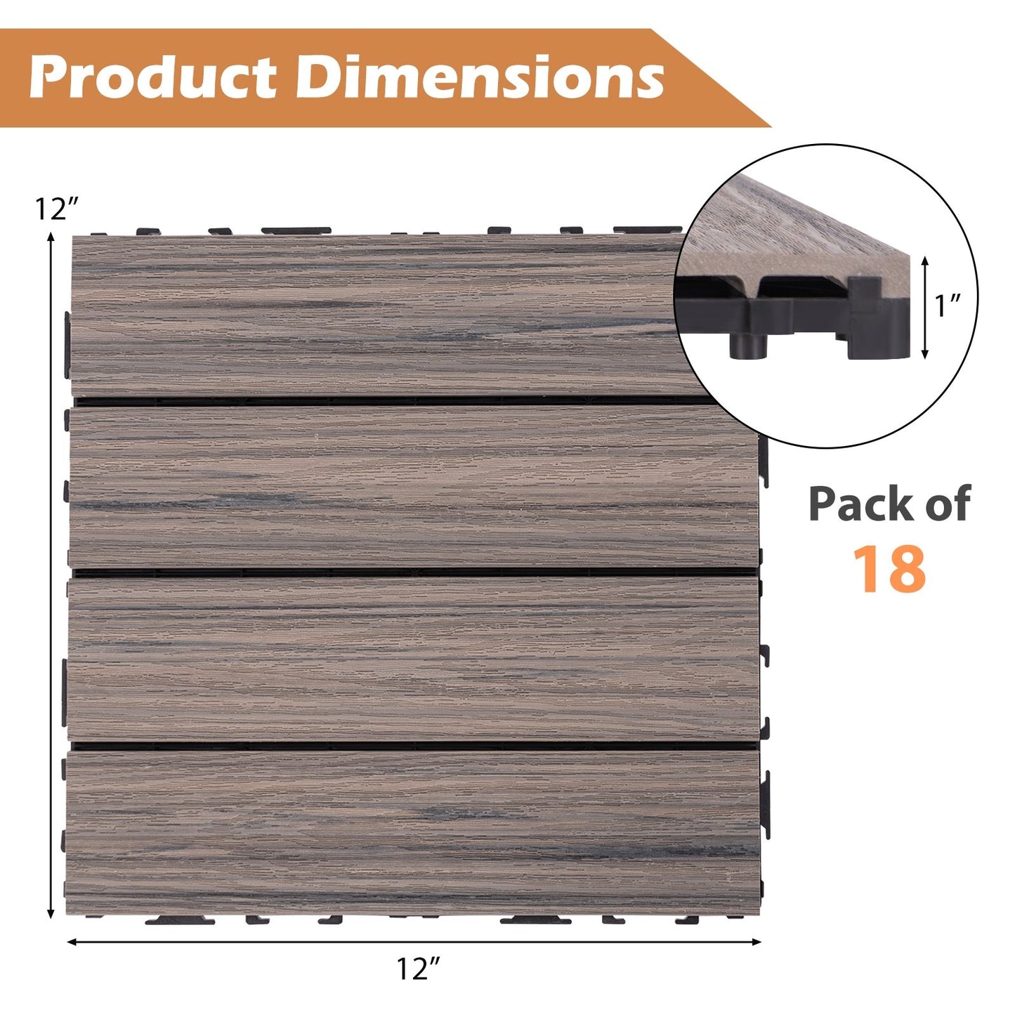 18 Pieces 12 x 12 Inch Interlocking Deck Tiles for 1.7㎡ Total Splicing Area, Gray Decorative Fencing & Flooring   at Gallery Canada