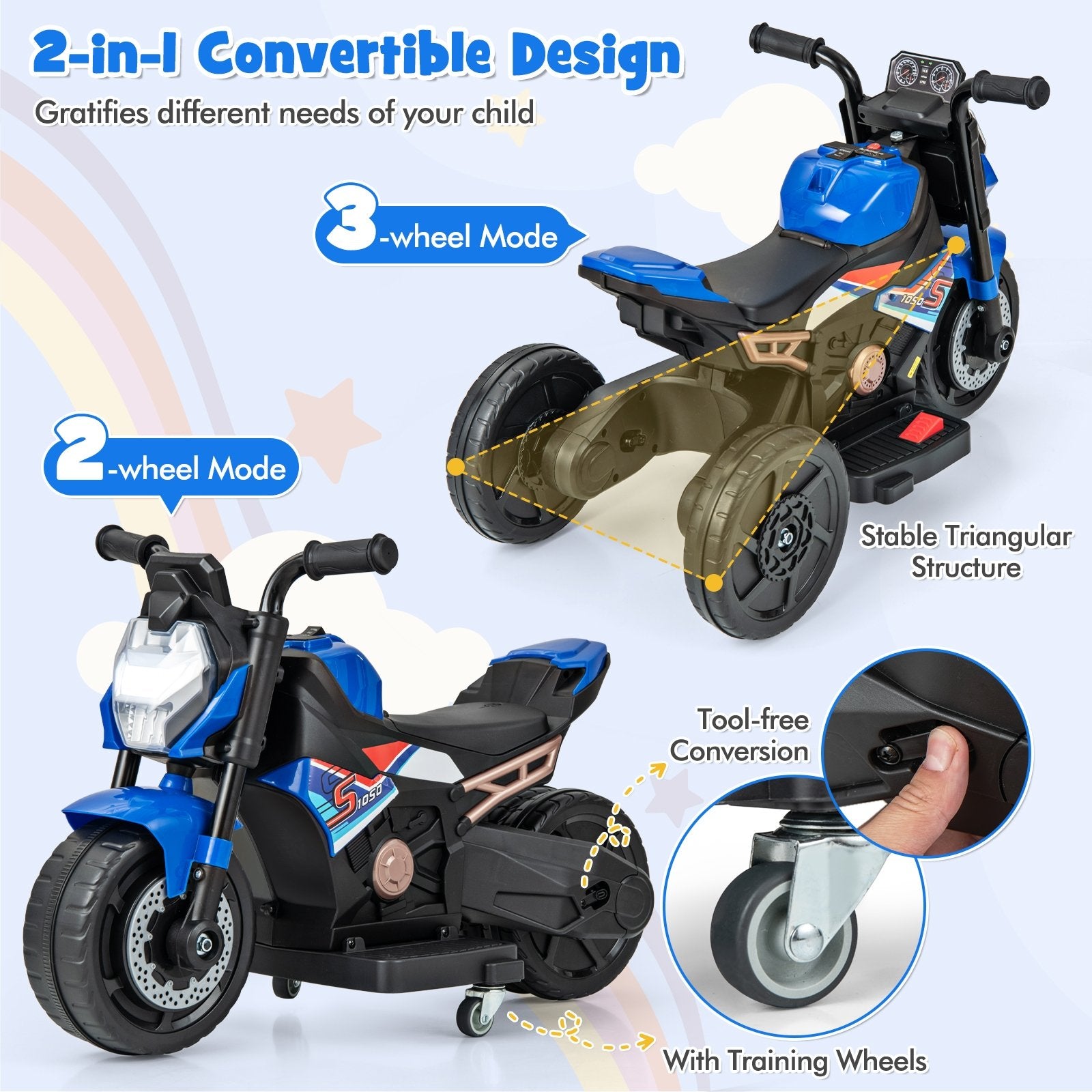 Kids Ride-on Motorcycle 6V Battery Powered Motorbike with Detachable Training Wheels, Blue Powered Ride On Toys   at Gallery Canada