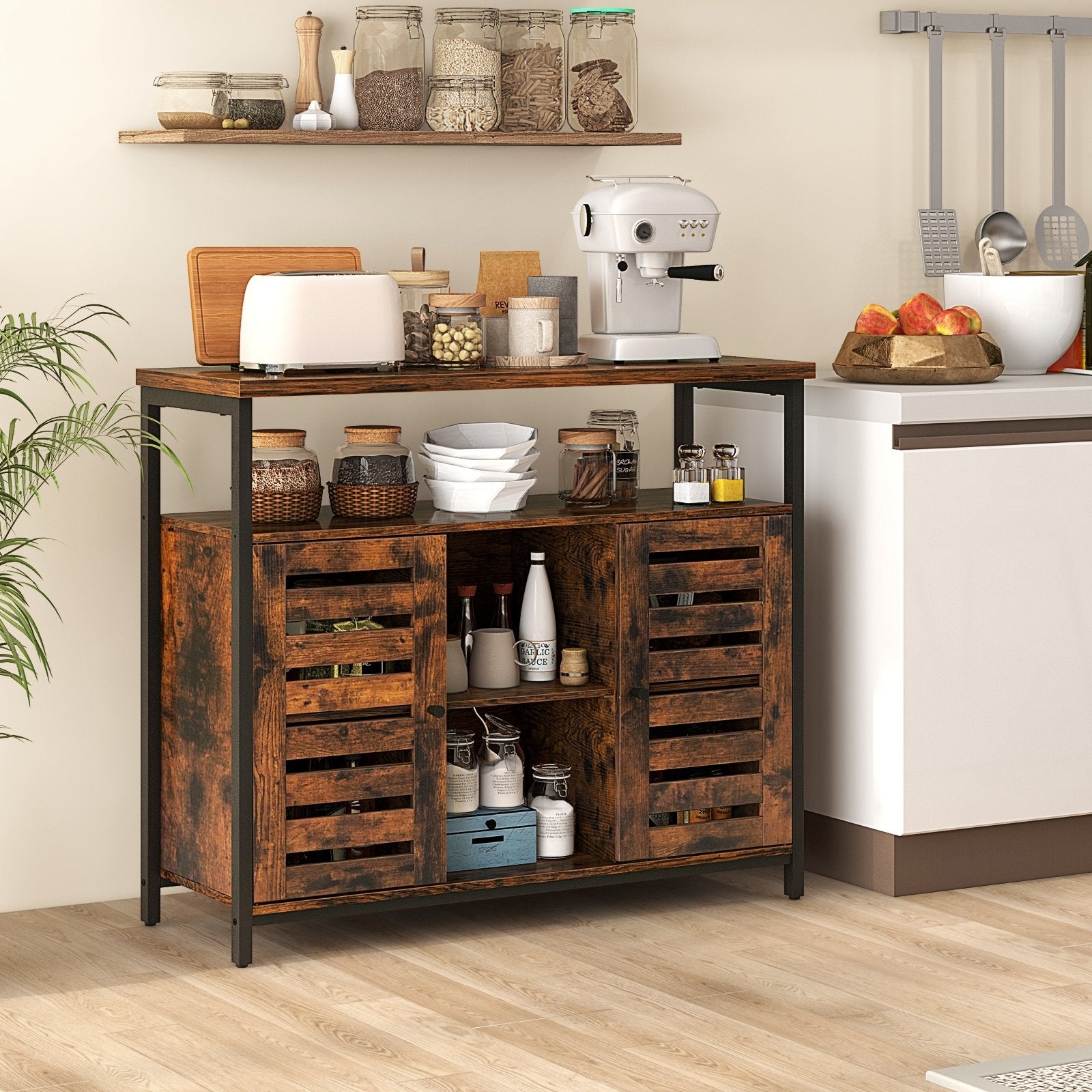 Buffet Cabinet Industrial Sideboard Storage Cabinet with Push-to-Open Slatted Door and 3 Adjustable Shelves, Rustic Brown Sideboards Cabinets & Buffets   at Gallery Canada