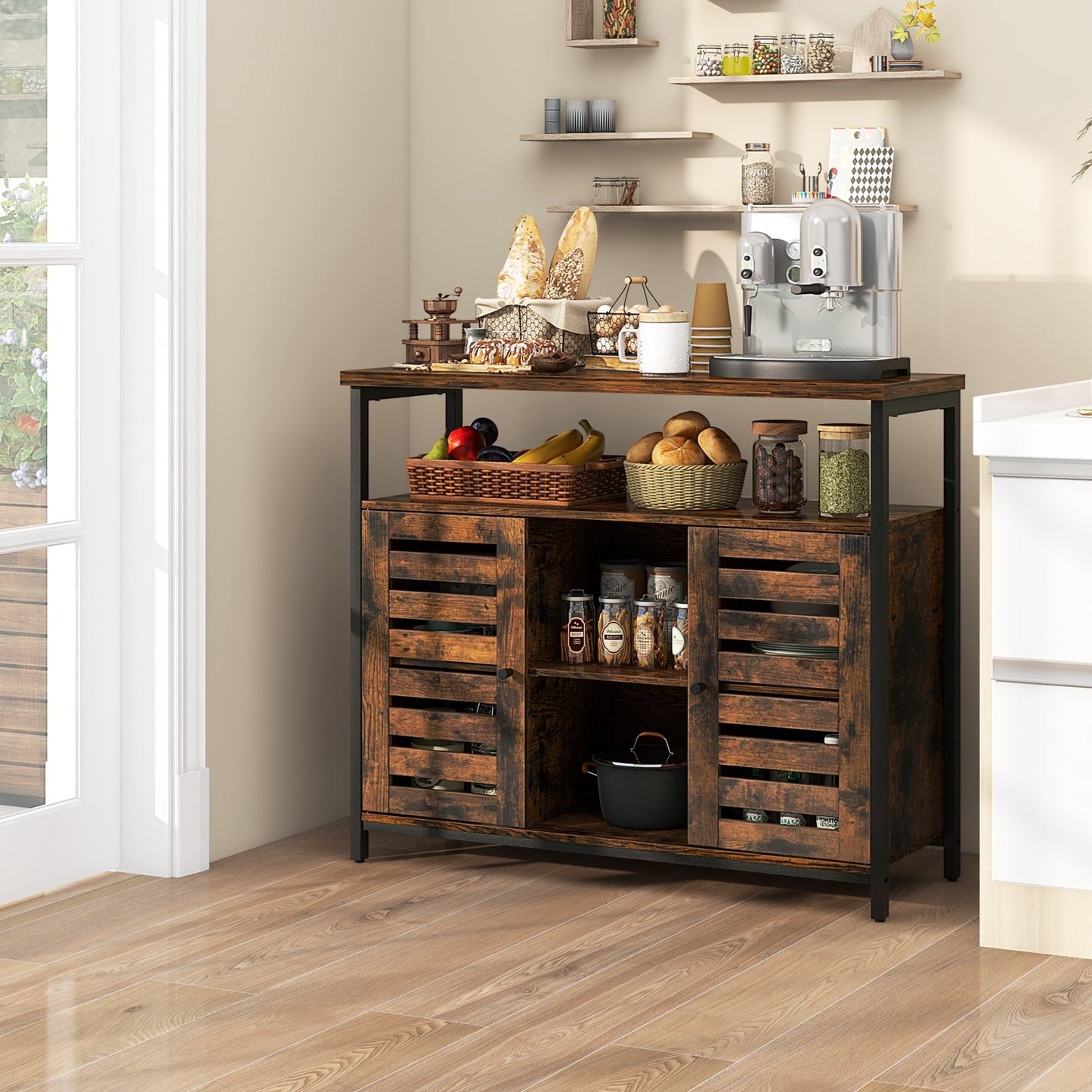 Buffet Cabinet Industrial Sideboard Storage Cabinet with Push-to-Open Slatted Door and 3 Adjustable Shelves, Rustic Brown Sideboards Cabinets & Buffets   at Gallery Canada