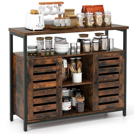 Buffet Cabinet Industrial Sideboard Storage Cabinet with Push-to-Open Slatted Door and 3 Adjustable Shelves, Rustic Brown Sideboards Cabinets & Buffets Rustic Brown  at Gallery Canada