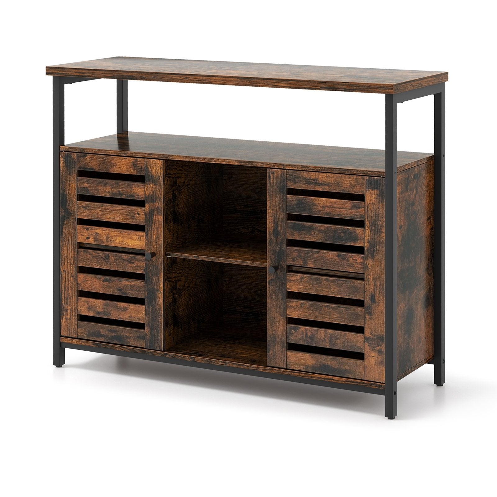 Buffet Cabinet Industrial Sideboard Storage Cabinet with Push-to-Open Slatted Door and 3 Adjustable Shelves, Rustic Brown Sideboards Cabinets & Buffets   at Gallery Canada