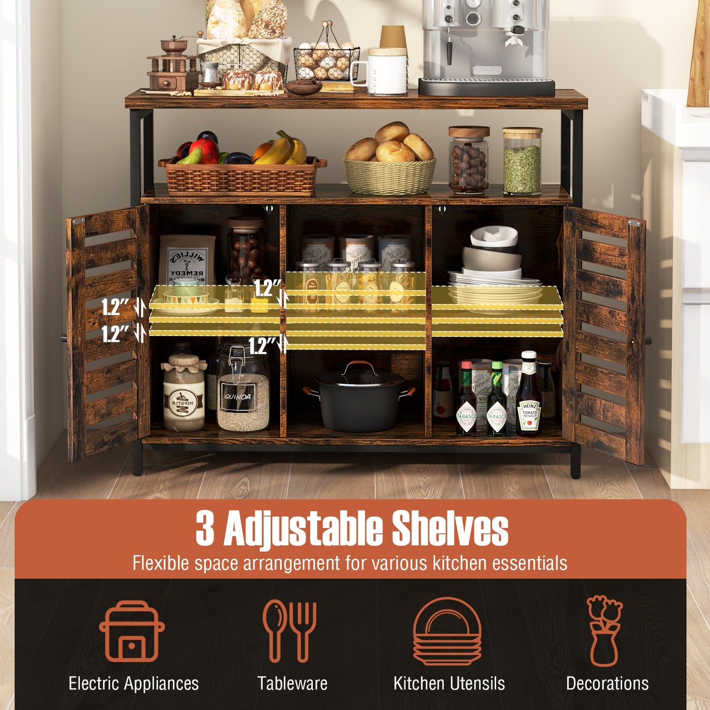 Buffet Cabinet Industrial Sideboard Storage Cabinet with Push-to-Open Slatted Door and 3 Adjustable Shelves, Rustic Brown Sideboards Cabinets & Buffets   at Gallery Canada