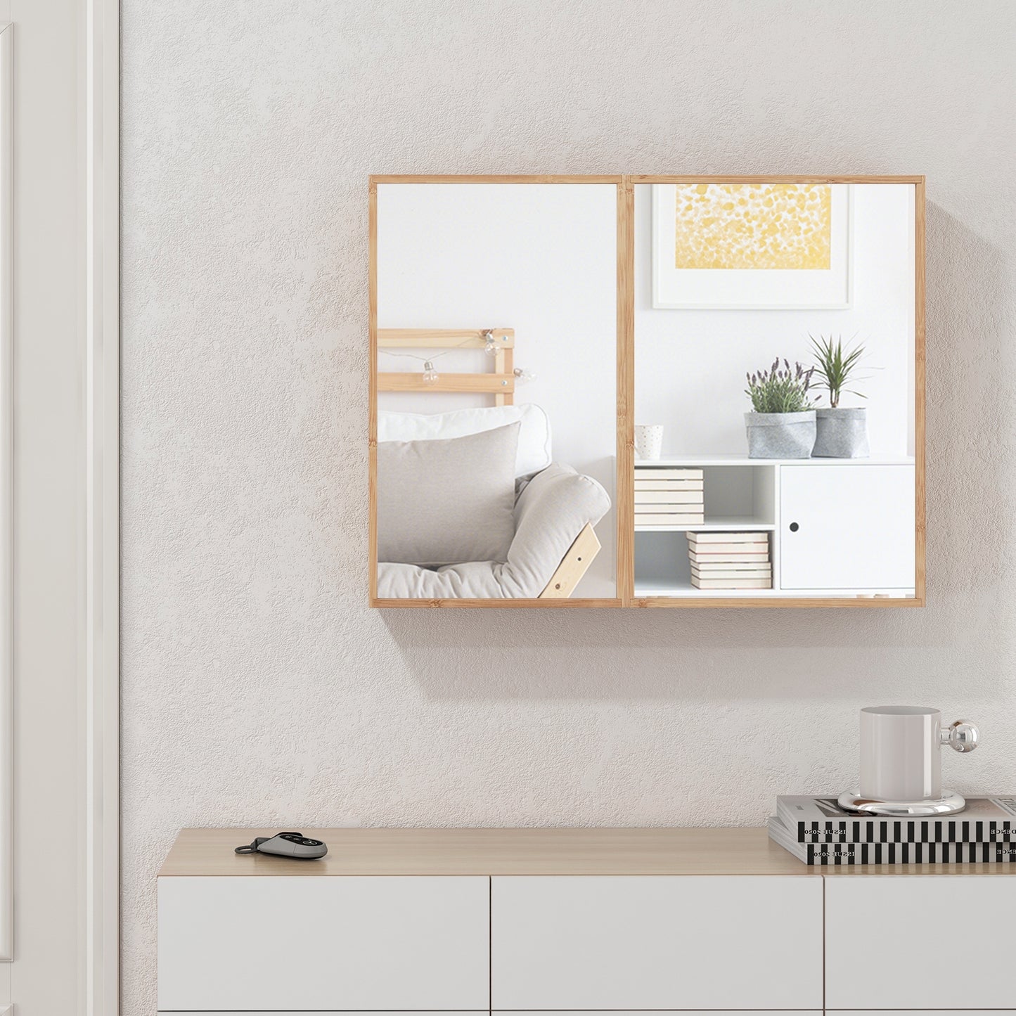 Double Door Bathroom Wall Cabinet with Mirror and  Adjustable Shelves, Natural Wall Cabinets   at Gallery Canada