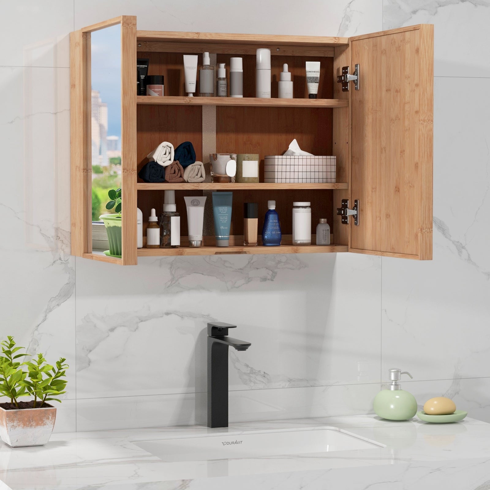 Double Door Bathroom Wall Cabinet with Mirror and  Adjustable Shelves, Natural Wall Cabinets   at Gallery Canada