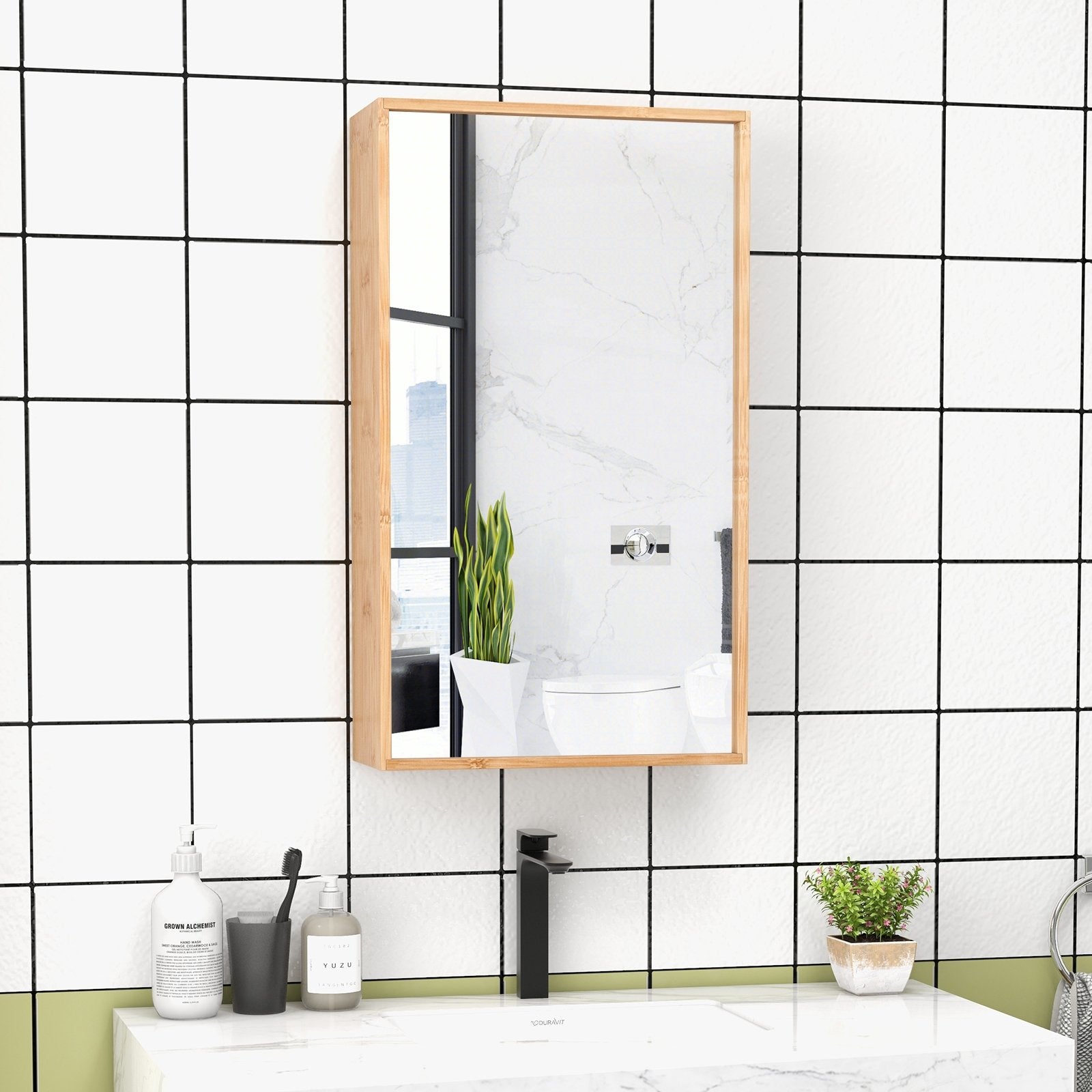 Bamboo Bathroom Wall Cabinet with Mirror with 2 Adjustable Shelves, Natural Wall Cabinets   at Gallery Canada