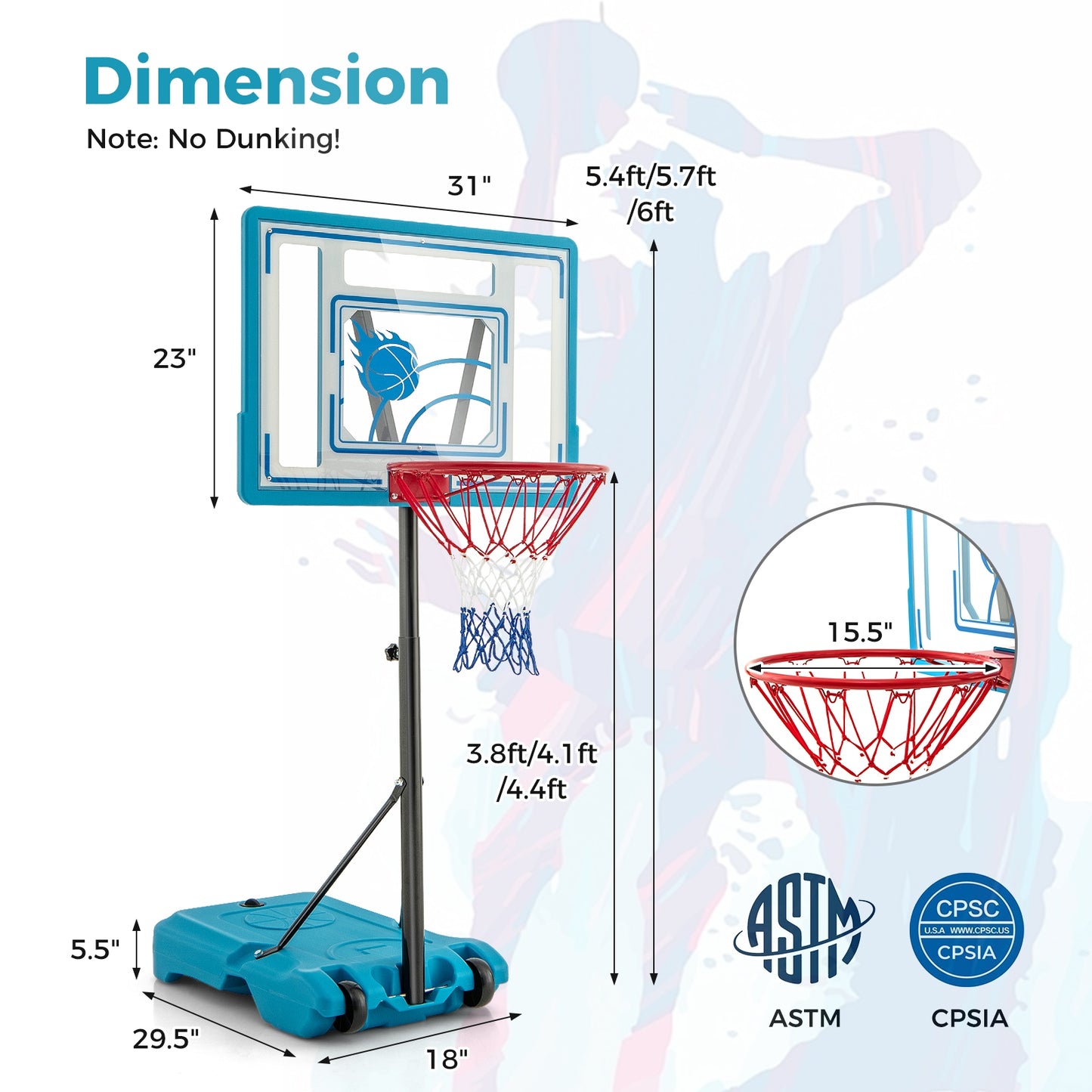 3.8-4.4 Feet Height Adjustable Pool Basketball Hoop for Kids Teens and Adults, Blue Sport Equipments   at Gallery Canada