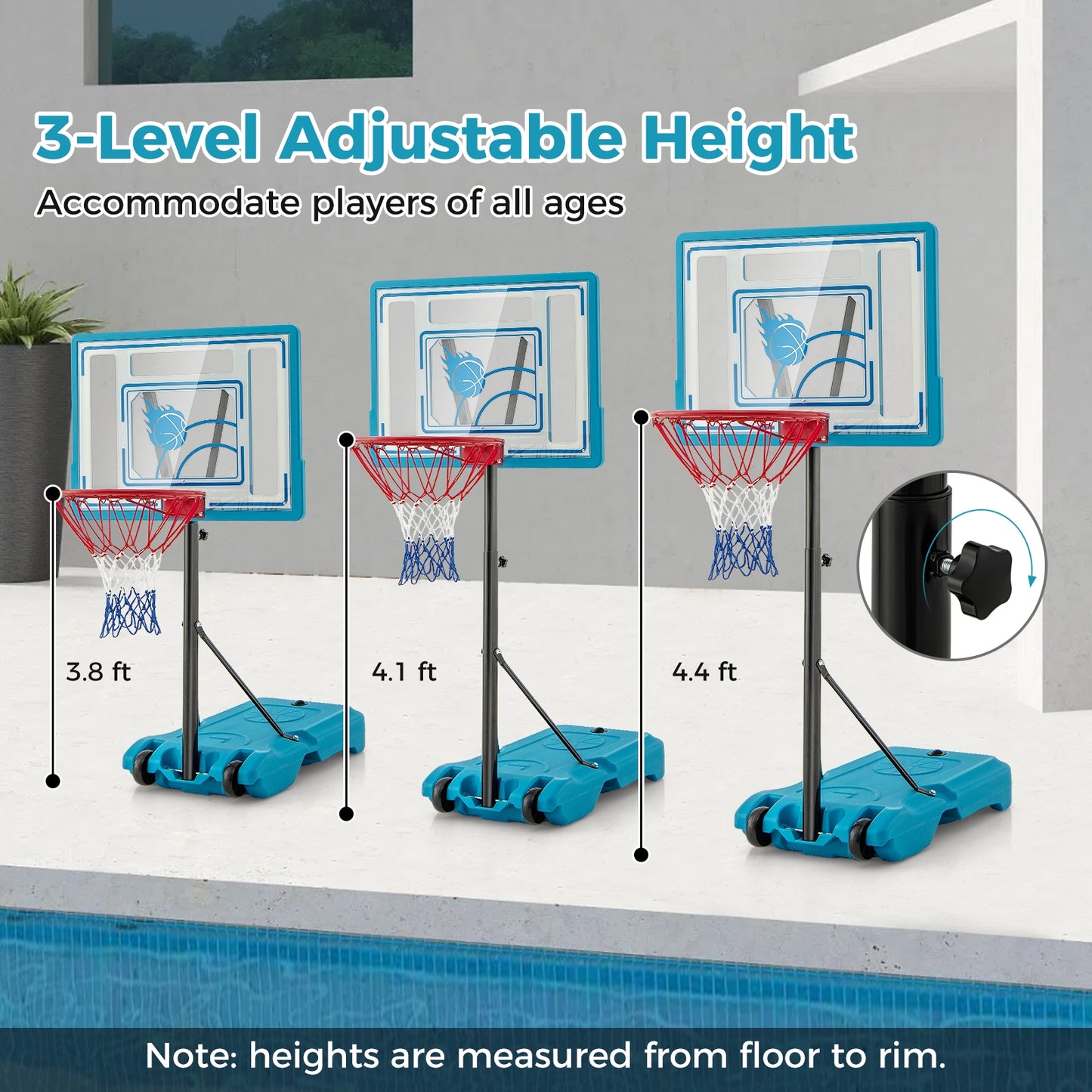 3.8-4.4 Feet Height Adjustable Pool Basketball Hoop for Kids Teens and Adults, Blue Sport Equipments   at Gallery Canada