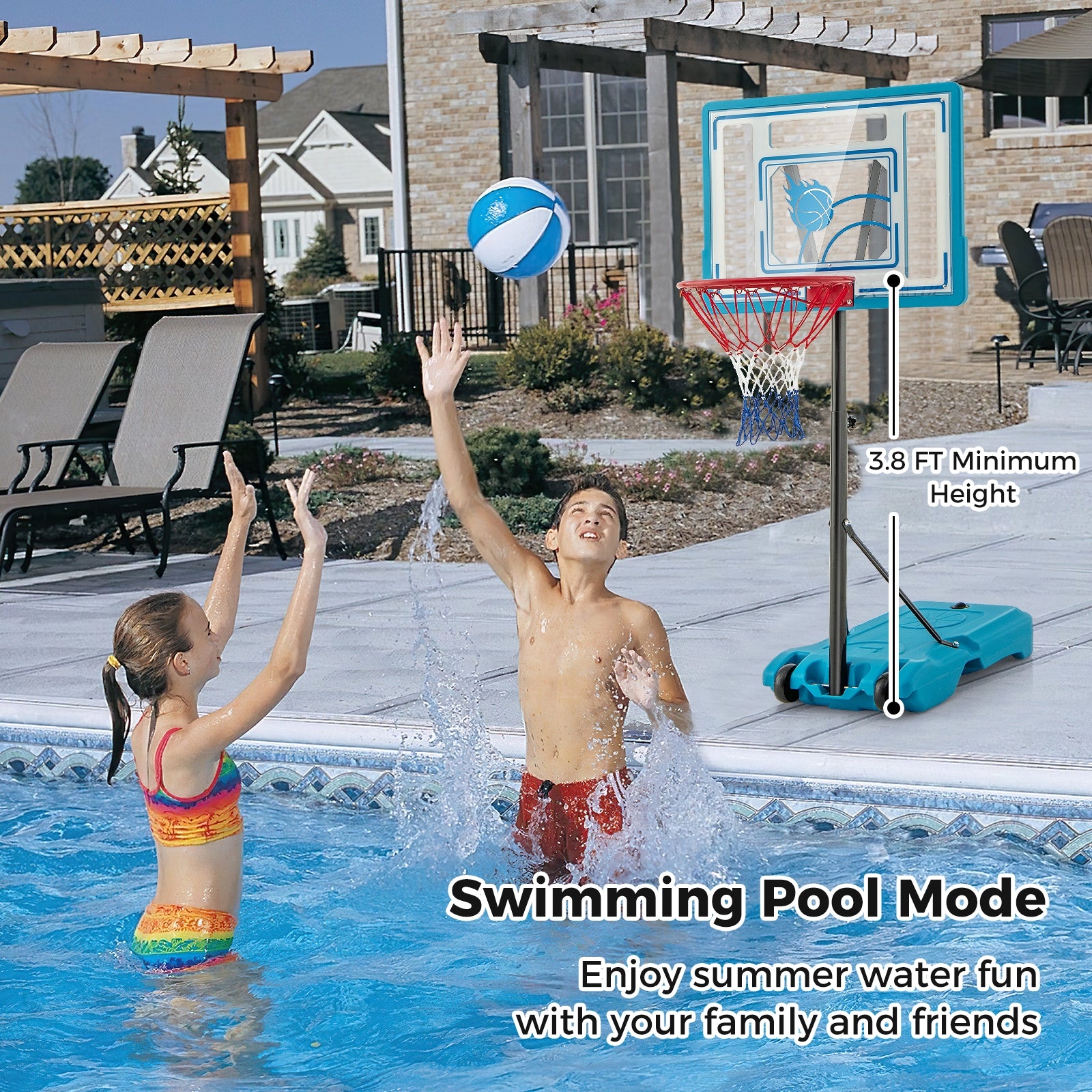 3.8-4.4 Feet Height Adjustable Pool Basketball Hoop for Kids Teens and Adults, Blue Sport Equipments   at Gallery Canada