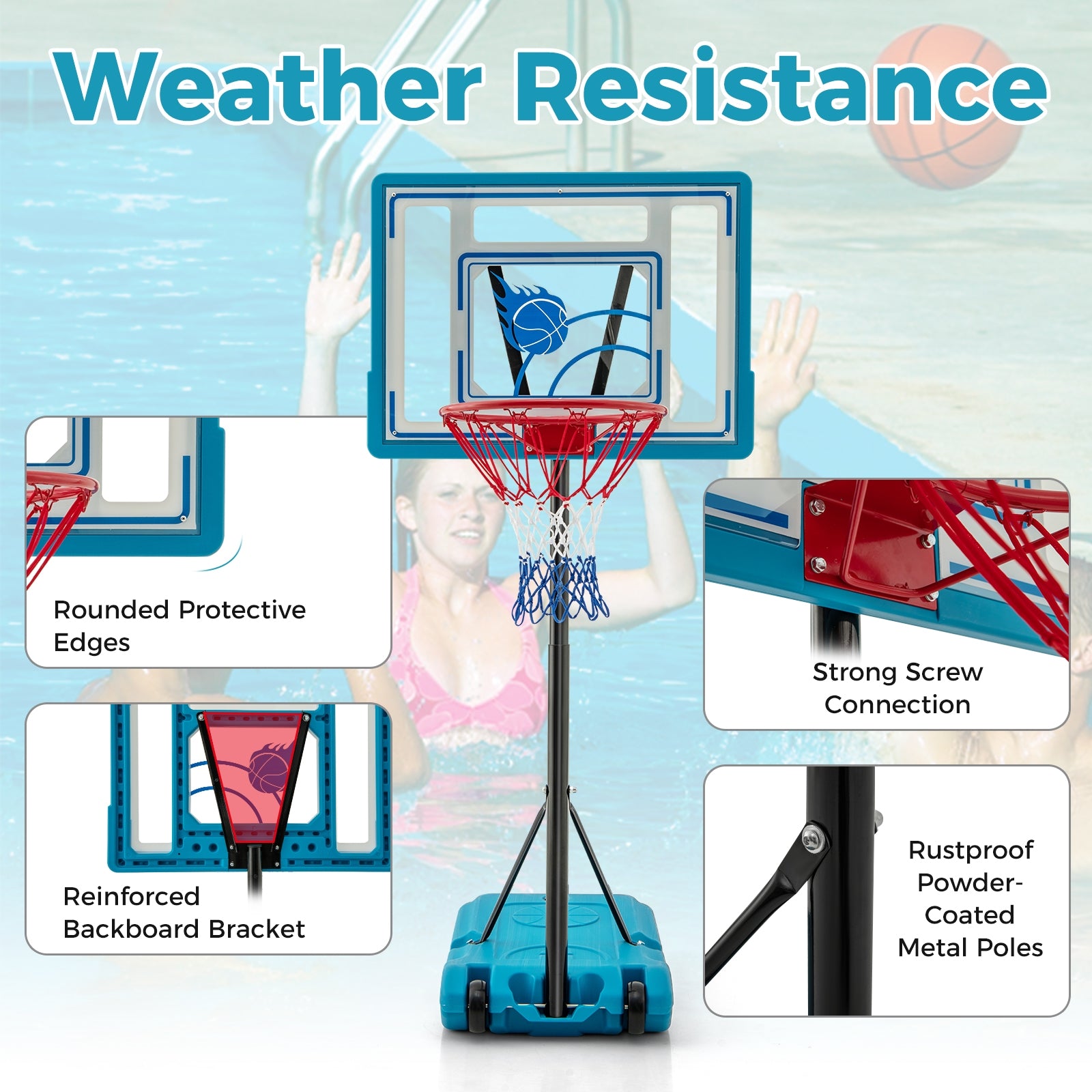 3.8-4.4 Feet Height Adjustable Pool Basketball Hoop for Kids Teens and Adults, Blue Sport Equipments   at Gallery Canada