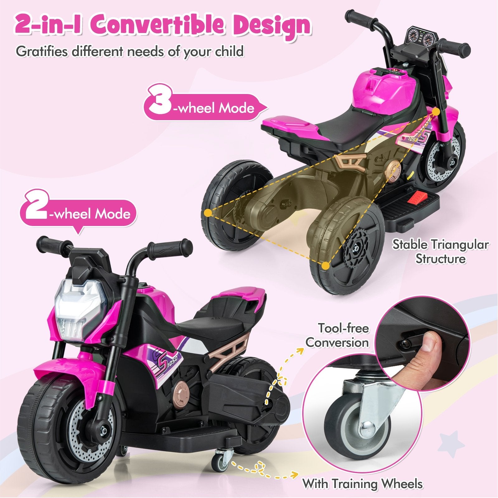 Kids Ride-on Motorcycle 6V Battery Powered Motorbike with Detachable Training Wheels, Pink Powered Ride On Toys   at Gallery Canada