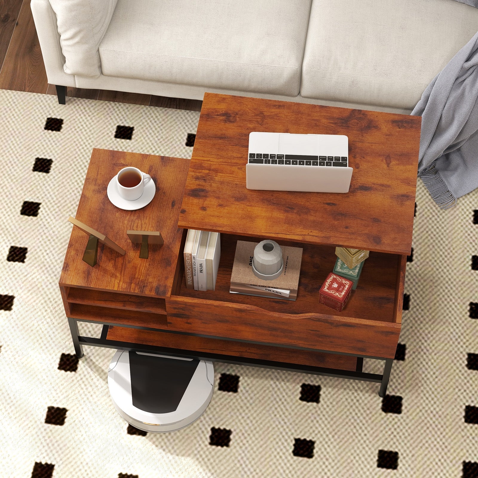 Lift Top Coffee Table with Hidden Compartment and Removable Storage Shelf, Rustic Brown Coffee Tables   at Gallery Canada