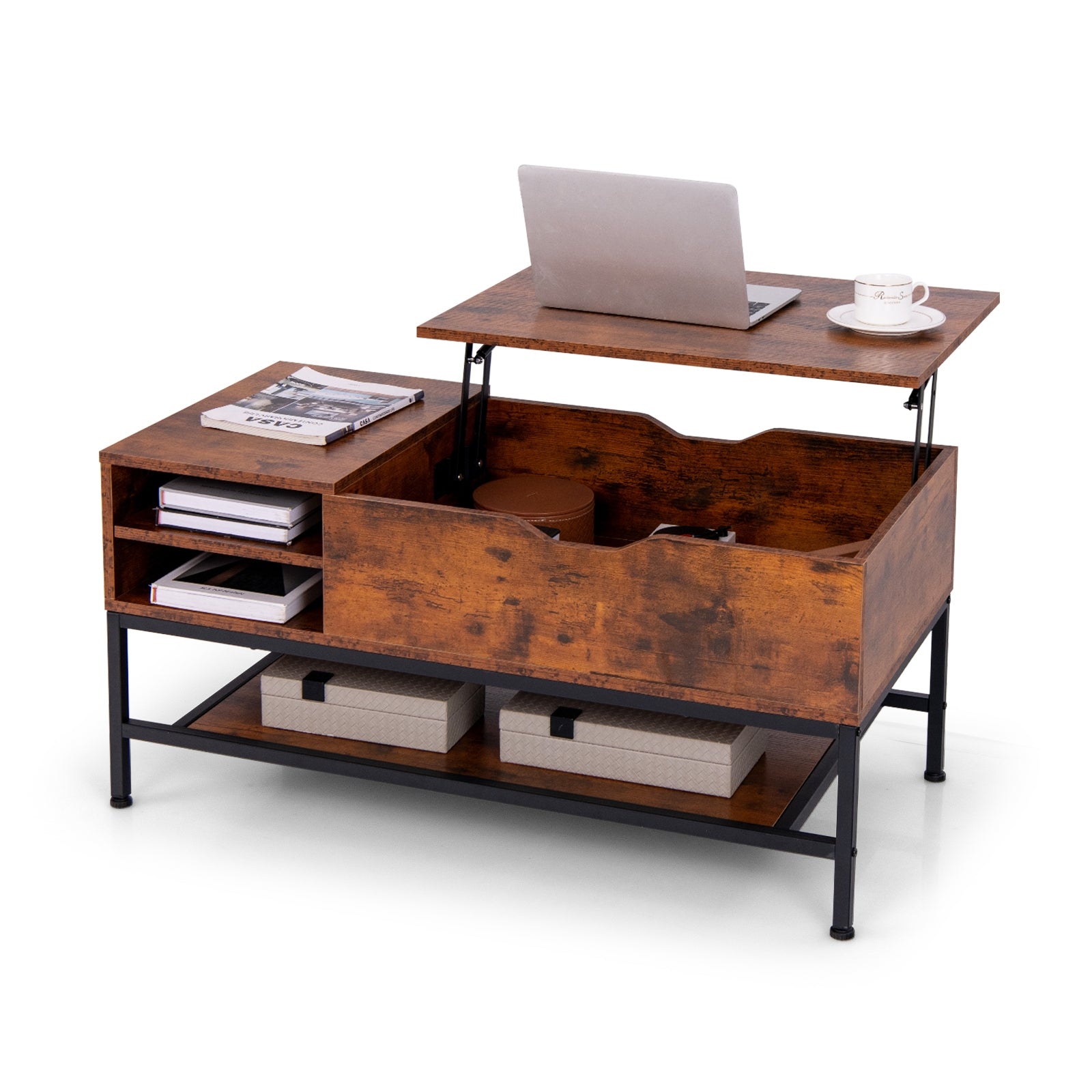 Lift Top Coffee Table with Hidden Compartment and Removable Storage Shelf, Rustic Brown Coffee Tables   at Gallery Canada