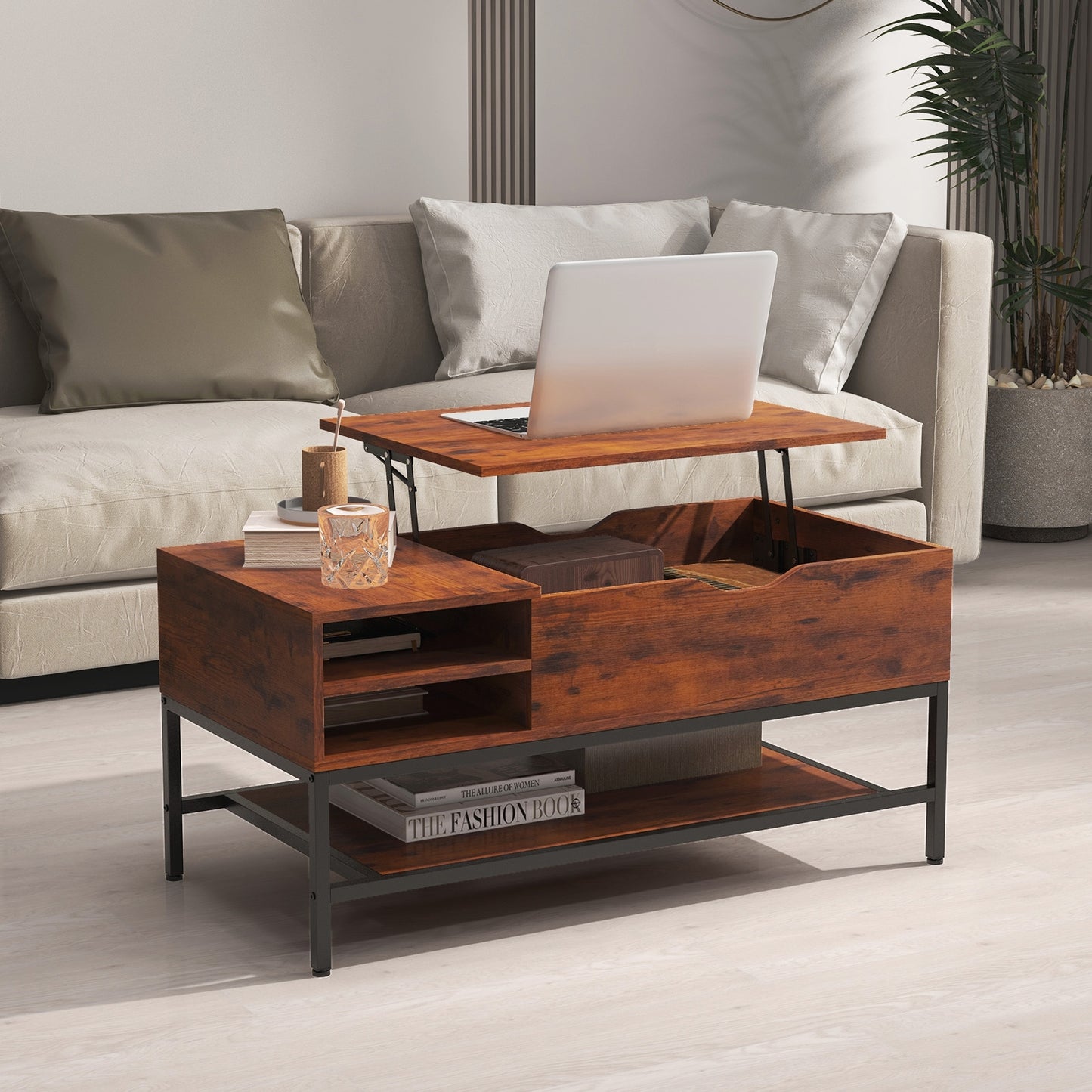 Lift Top Coffee Table with Hidden Compartment and Removable Storage Shelf, Rustic Brown Coffee Tables   at Gallery Canada