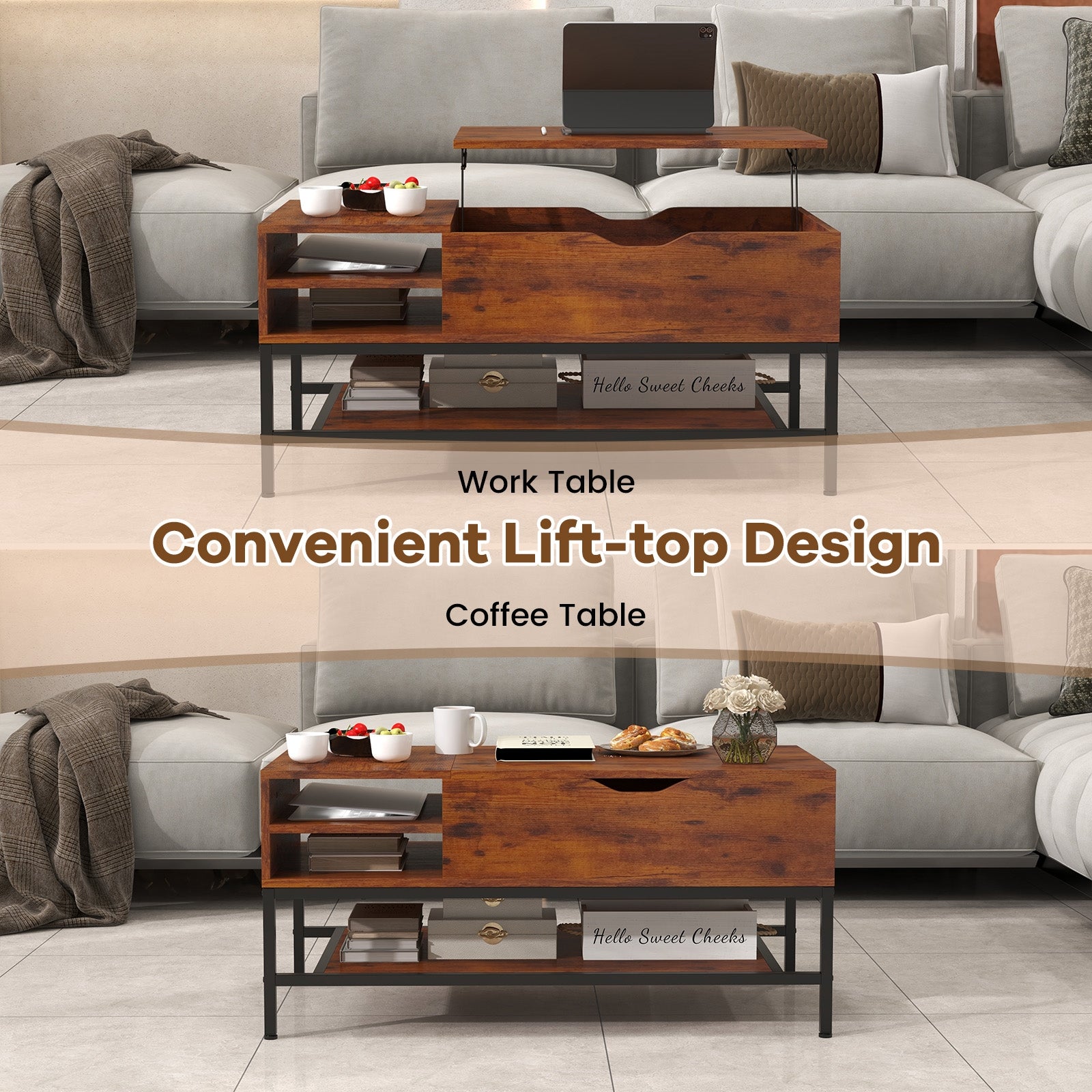 Lift Top Coffee Table with Hidden Compartment and Removable Storage Shelf, Rustic Brown Coffee Tables   at Gallery Canada