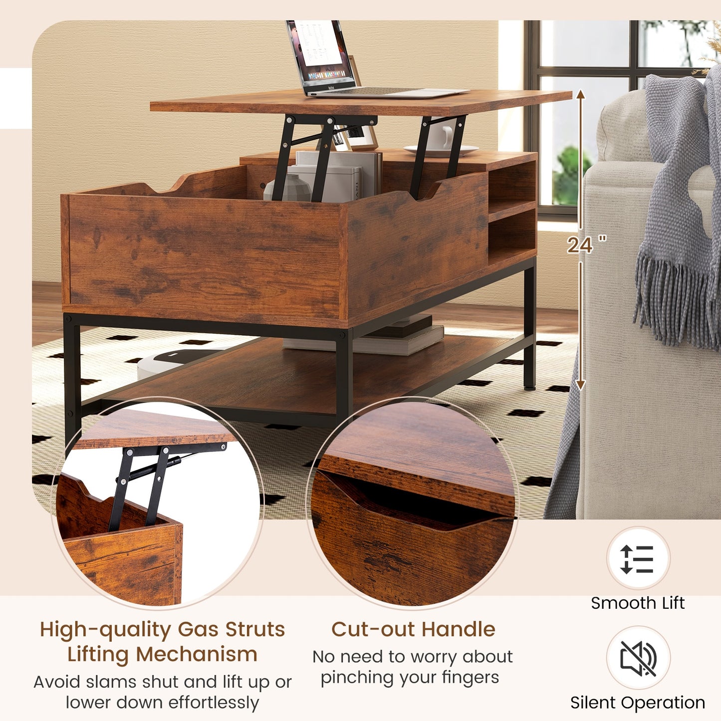 Lift Top Coffee Table with Hidden Compartment and Removable Storage Shelf, Rustic Brown Coffee Tables   at Gallery Canada