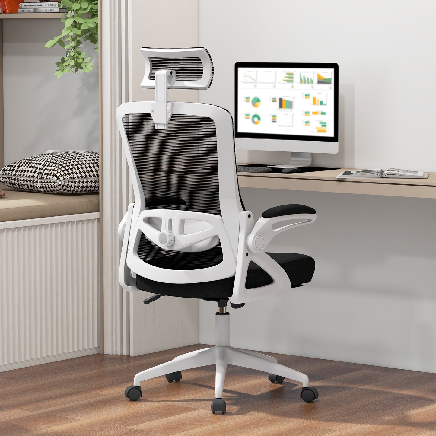 Adjustable Swivel Task Chair Ergonomic Office Chair with Adjustable Lumbar Support, White Mesh Chairs   at Gallery Canada