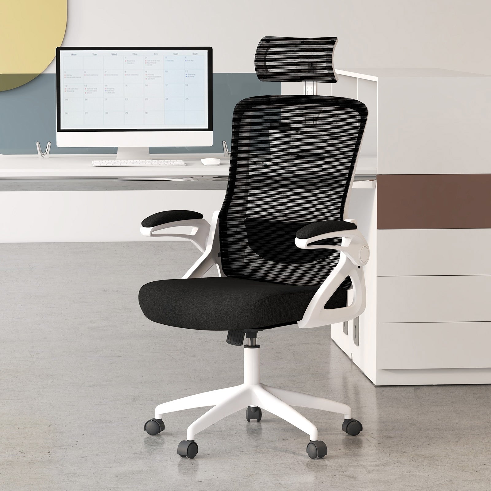 Adjustable Swivel Task Chair Ergonomic Office Chair with Adjustable Lumbar Support, White Mesh Chairs   at Gallery Canada