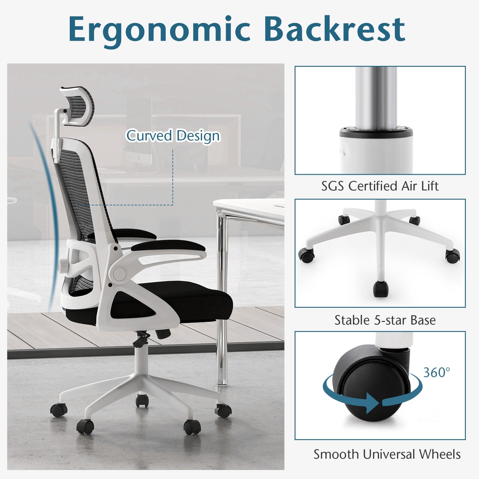 Adjustable Swivel Task Chair Ergonomic Office Chair with Adjustable Lumbar Support, White Mesh Chairs   at Gallery Canada