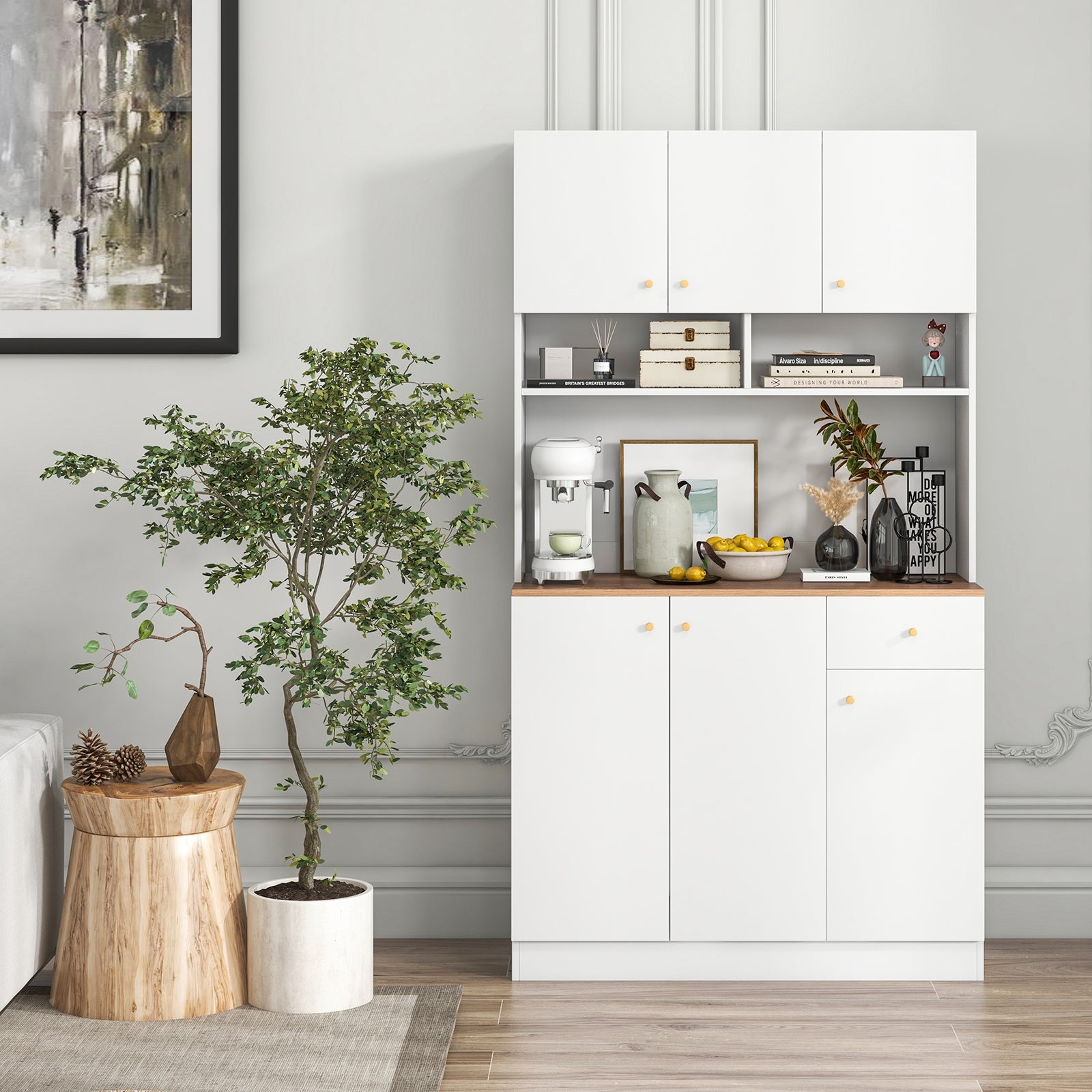 71 Inch Tall Pantry Cabinet with Outlets for Dining Room, White Sideboards Cabinets & Buffets   at Gallery Canada