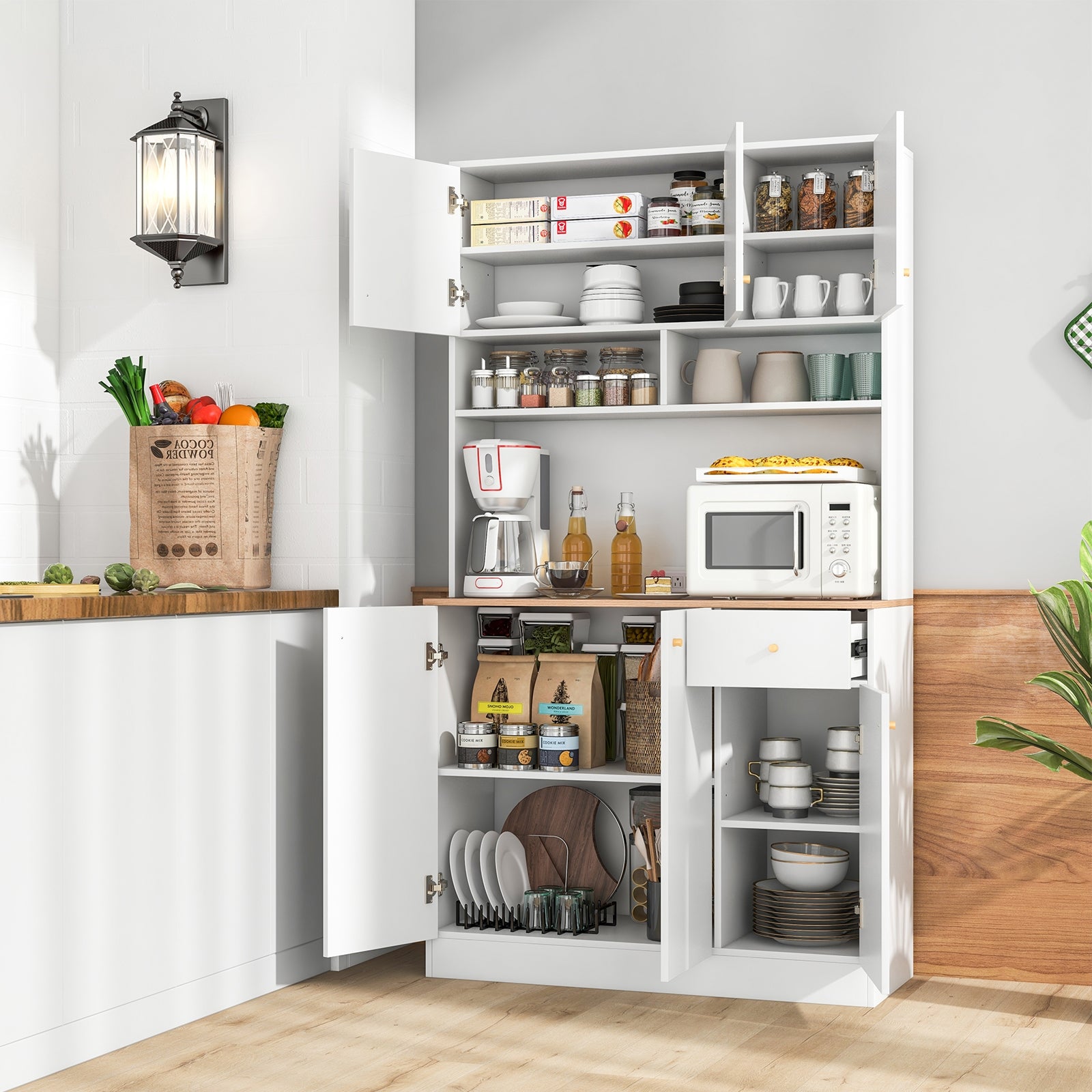 71 Inch Tall Pantry Cabinet with Outlets for Dining Room, White Sideboards Cabinets & Buffets   at Gallery Canada