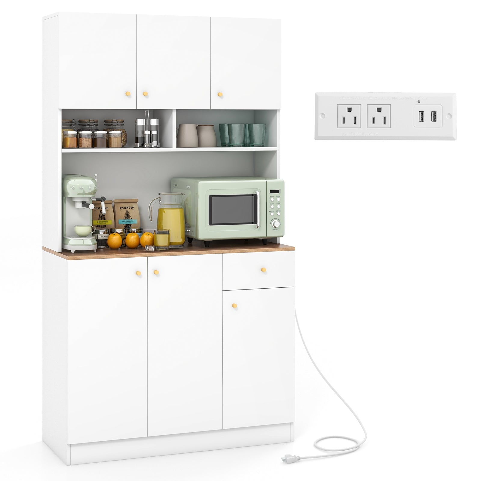 71 Inch Tall Pantry Cabinet with Outlets for Dining Room, White Sideboards Cabinets & Buffets White  at Gallery Canada