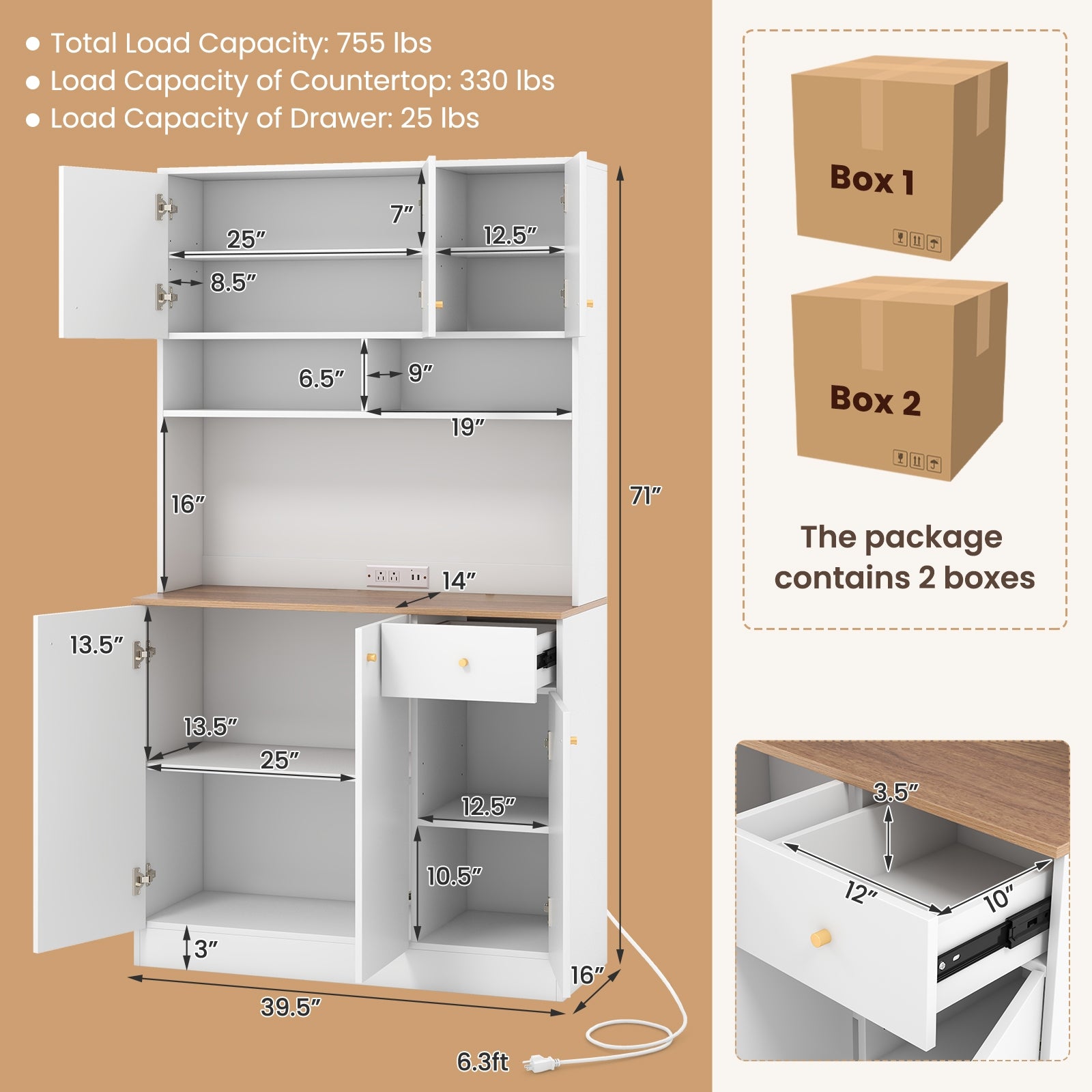 71 Inch Tall Pantry Cabinet with Outlets for Dining Room, White Sideboards Cabinets & Buffets   at Gallery Canada