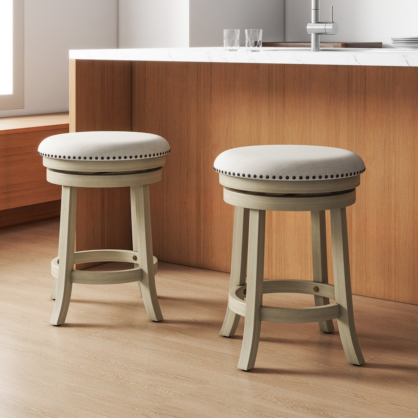 24/26 Inches Swivel Bar Stools Set of 2 wth Wooden Frame-24 inches, Beige Bar Stools   at Gallery Canada