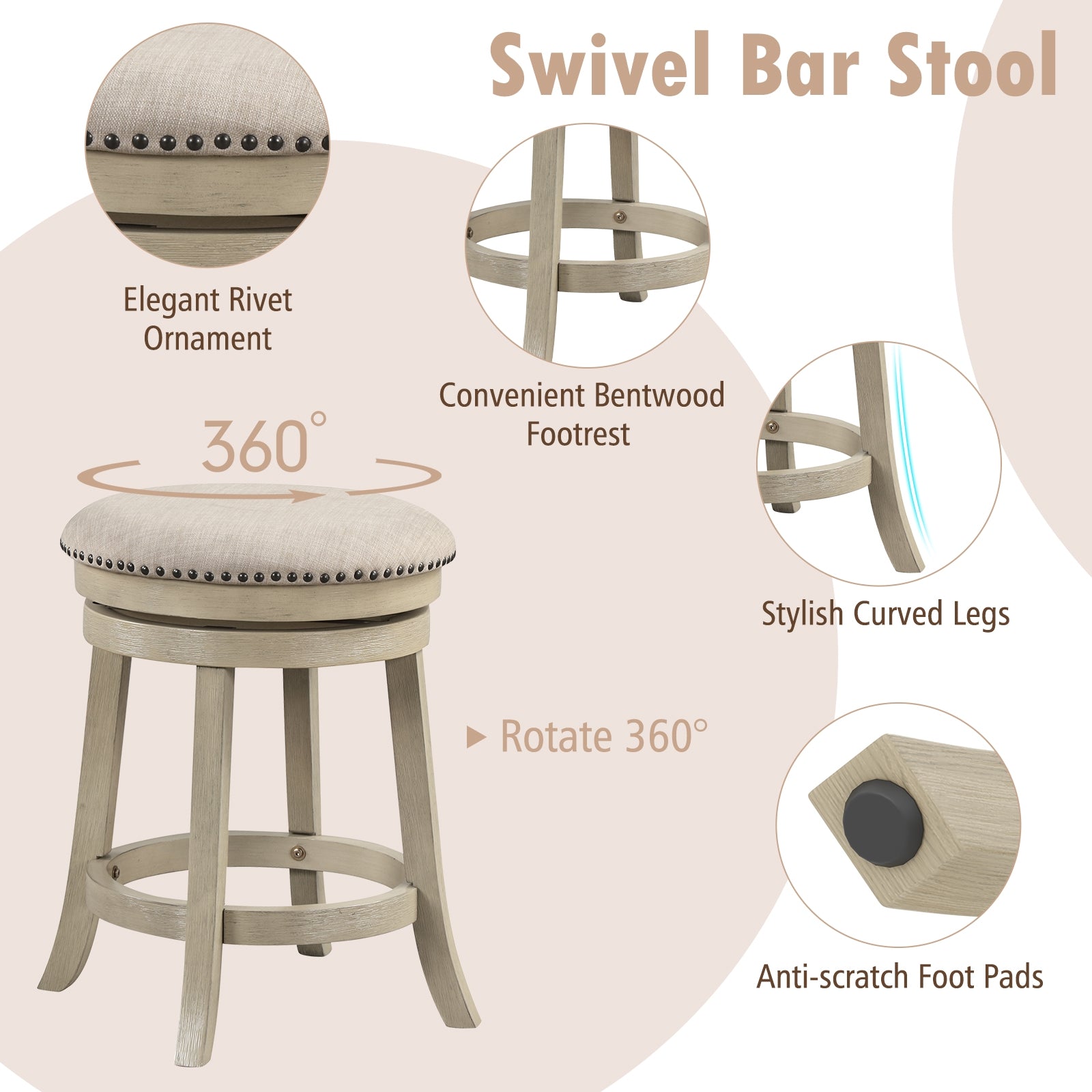 24/26 Inches Swivel Bar Stools Set of 2 wth Wooden Frame-24 inches, Beige Bar Stools   at Gallery Canada