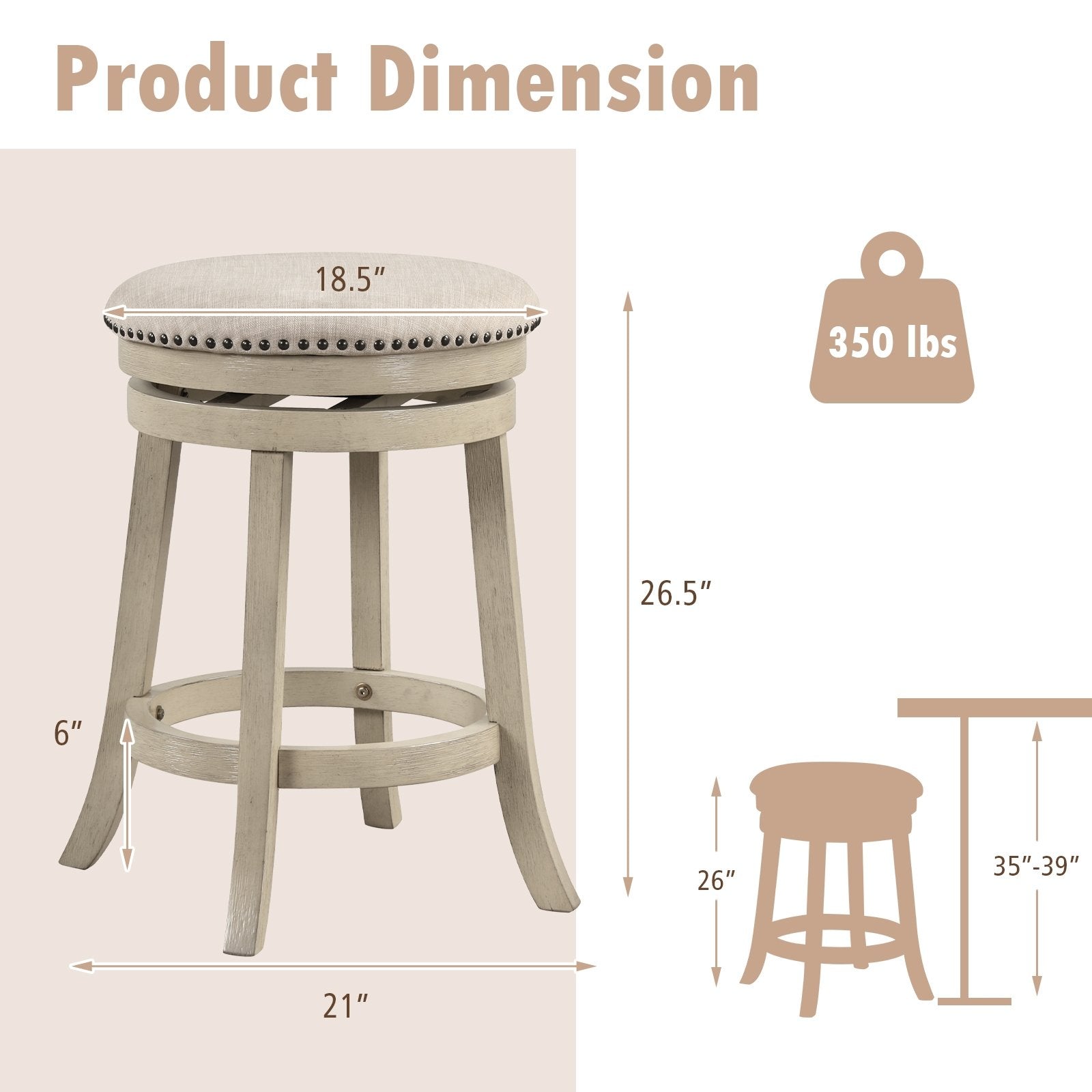 24/26 Inches Swivel Bar Stools Set of 2 wth Wooden Frame-26.5 inches, Beige Bar Stools   at Gallery Canada