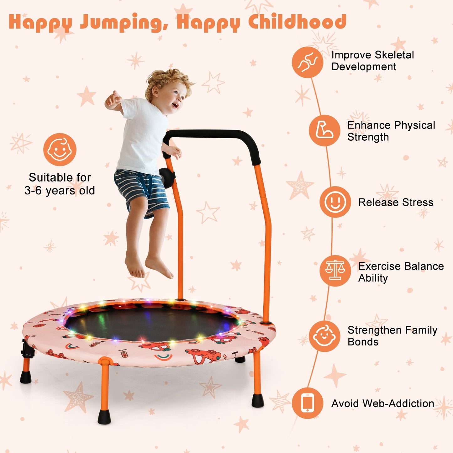 36 Inch Mini Trampoline with Colorful LED Lights and Bluetooth Speaker, Orange Trampolines   at Gallery Canada