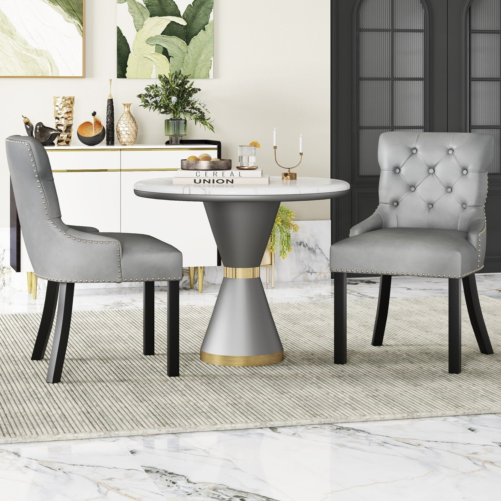 Upholstered Dining Chairs Set of 2 Tufted Wingback Chairs with Rubber Wood Legs, Gray Dining Chairs   at Gallery Canada