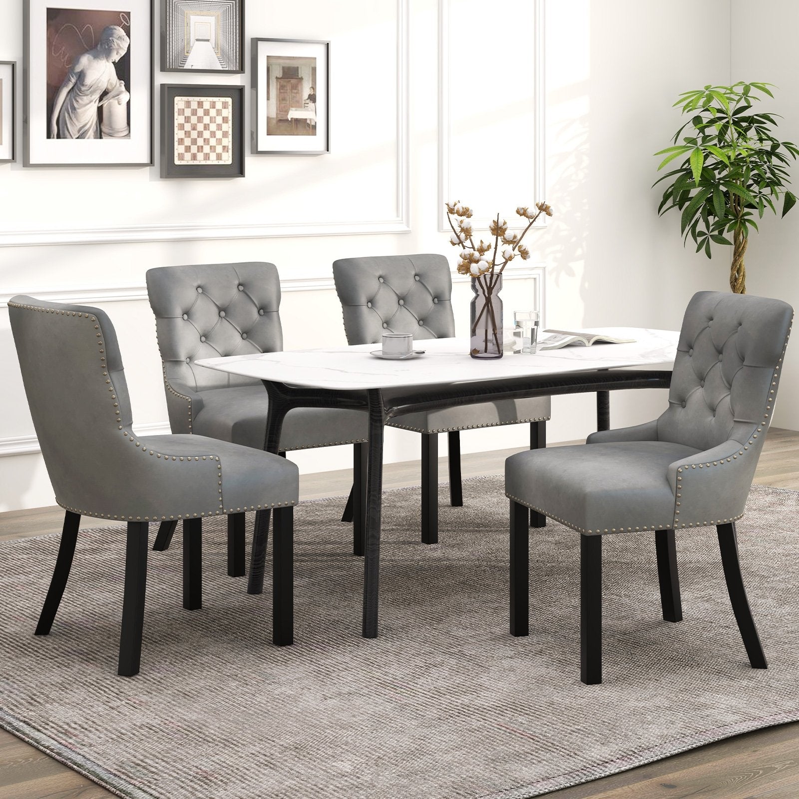 Upholstered Dining Chairs Set of 2 Tufted Wingback Chairs with Rubber Wood Legs, Gray Dining Chairs   at Gallery Canada