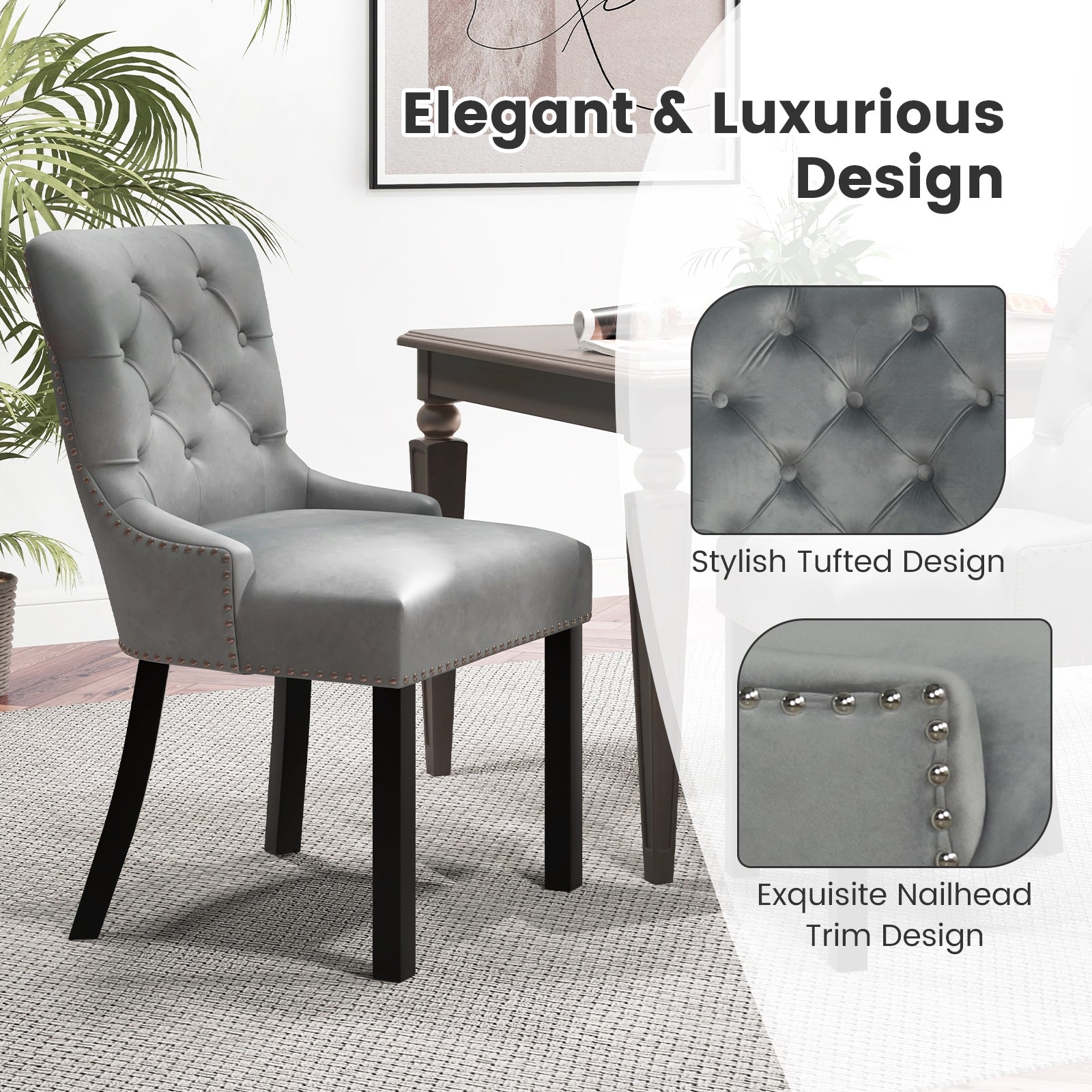 Upholstered Dining Chairs Set of 2 Tufted Wingback Chairs with Rubber Wood Legs, Gray Dining Chairs   at Gallery Canada