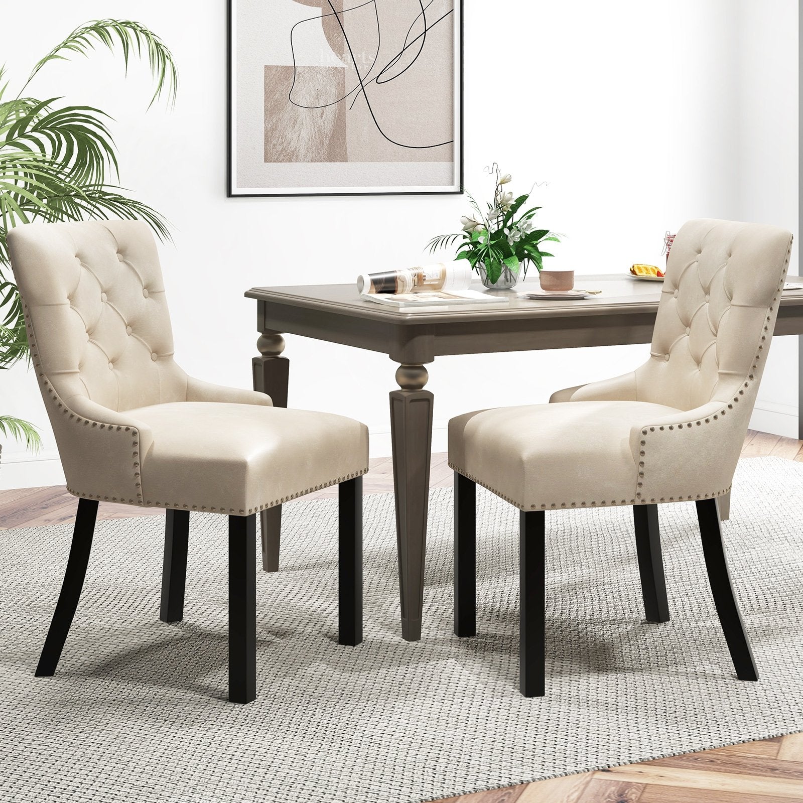 Upholstered Dining Chairs Set of 2 Tufted Wingback Chairs with Rubber Wood Legs, Beige Dining Chairs   at Gallery Canada