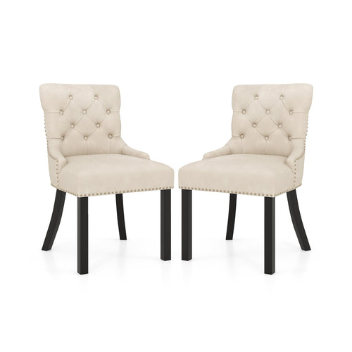 Upholstered Dining Chairs Set of 2 Tufted Wingback Chairs with Rubber Wood Legs, Beige