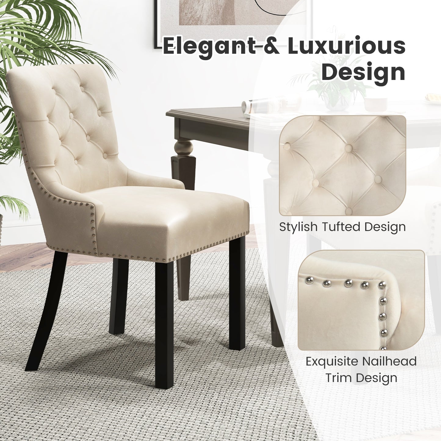 Upholstered Dining Chairs Set of 2 Tufted Wingback Chairs with Rubber Wood Legs, Beige Dining Chairs   at Gallery Canada