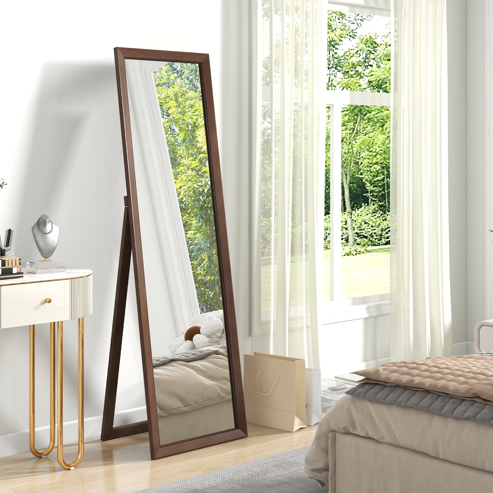 Full Length Mirror with Stand and Solid Wood Frame-18 x 14 x 61 inches, Brown Floor Mirrors at Gallery Canada