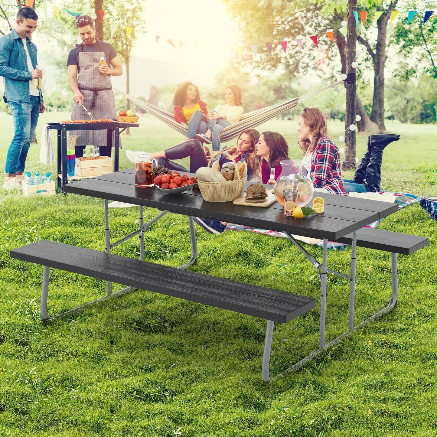 Folding Picnic Table Set with Metal Frame and All-Weather HDPE Tabletop  Umbrella Hole, Black Outdoor Seating & Patio Chairs   at Gallery Canada