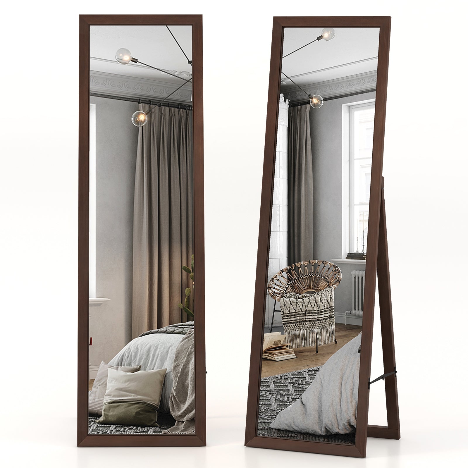 Full Length Mirror with Stand and Solid Wood Frame-18 x 14 x 61 inches, Brown Floor Mirrors Brown at Gallery Canada