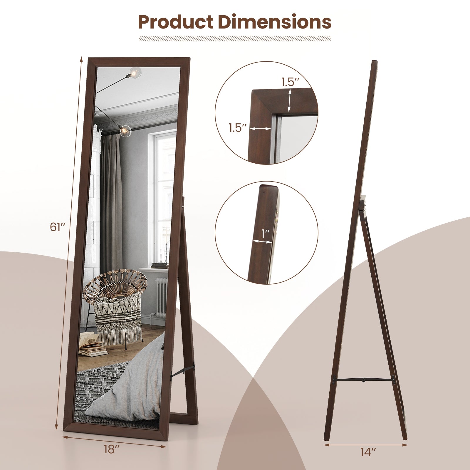 Full Length Mirror with Stand and Solid Wood Frame-18 x 14 x 61 inches, Brown Floor Mirrors at Gallery Canada