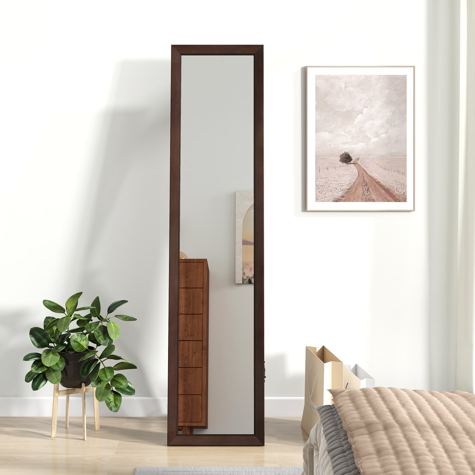 Full Length Mirror with Stand and Solid Wood Frame-14.5 x 14 x 61 inches, Brown Floor Mirrors at Gallery Canada