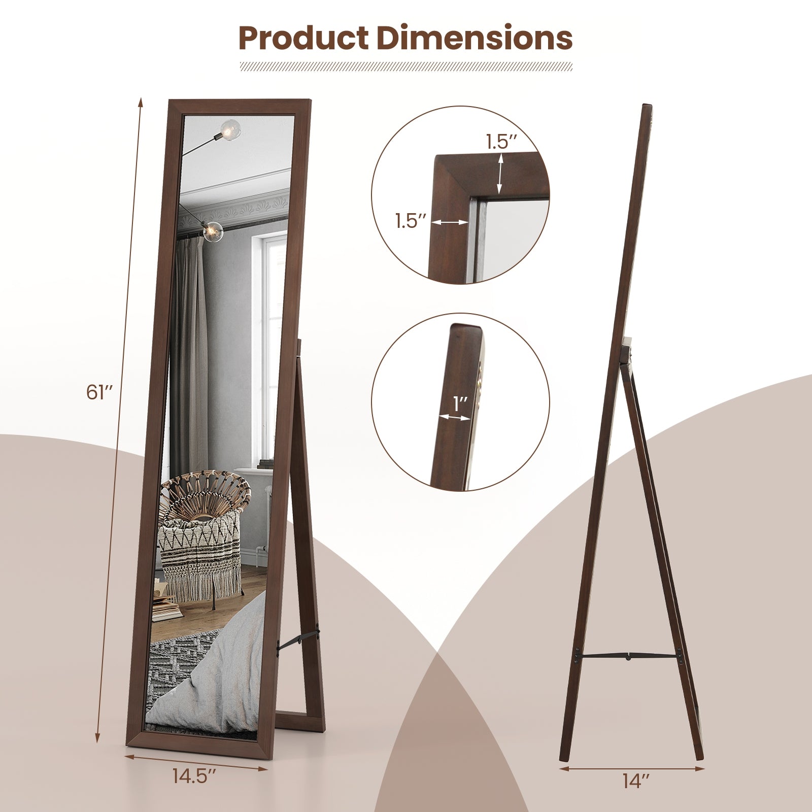 Full Length Mirror with Stand and Solid Wood Frame-14.5 x 14 x 61 inches, Brown Floor Mirrors at Gallery Canada
