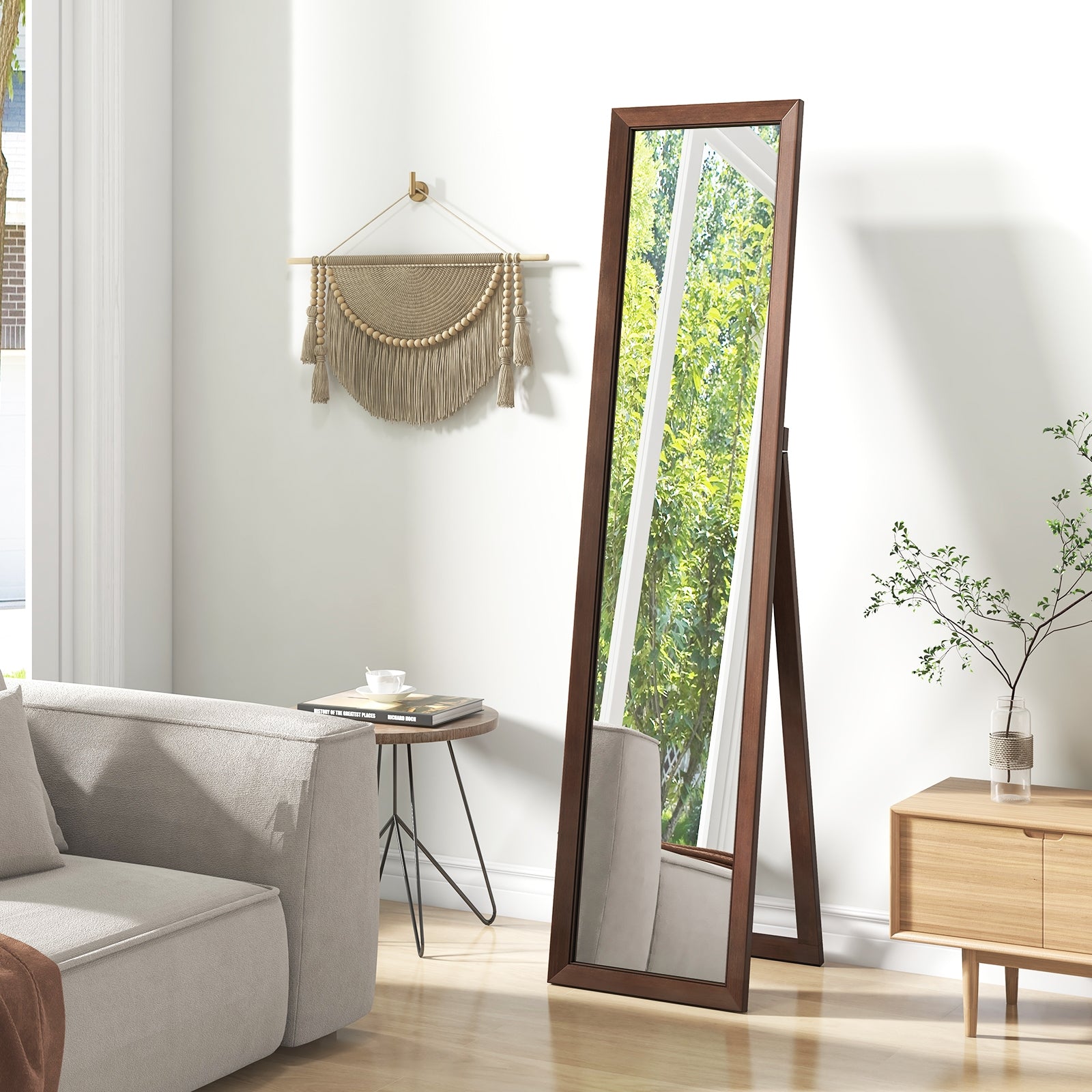 Full Length Mirror with Stand and Solid Wood Frame-14.5 x 14 x 61 inches, Brown Floor Mirrors at Gallery Canada