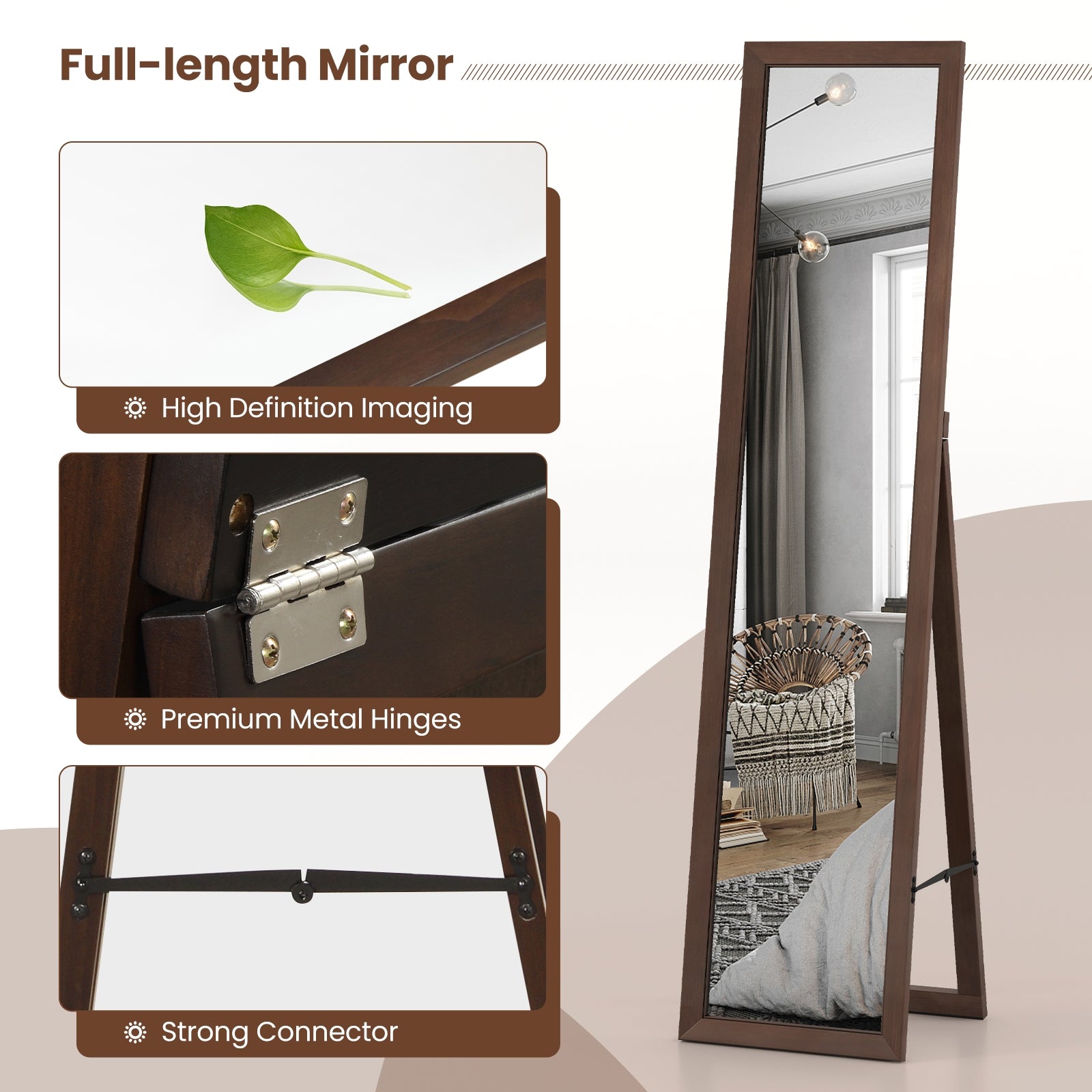 Full Length Mirror with Stand and Solid Wood Frame-14.5 x 14 x 61 inches, Brown Floor Mirrors at Gallery Canada