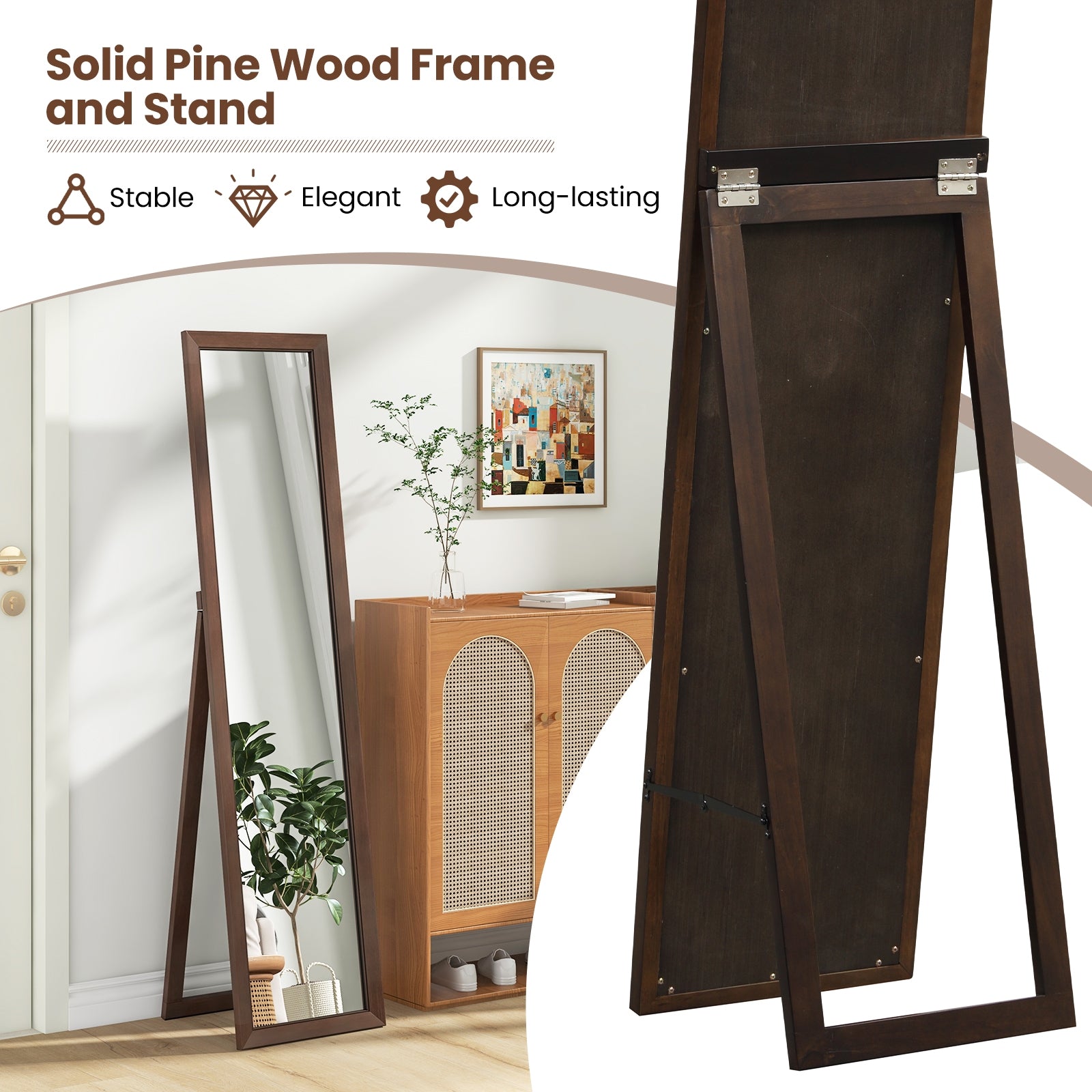 Full Length Mirror with Stand and Solid Wood Frame-14.5 x 14 x 61 inches, Brown Floor Mirrors at Gallery Canada