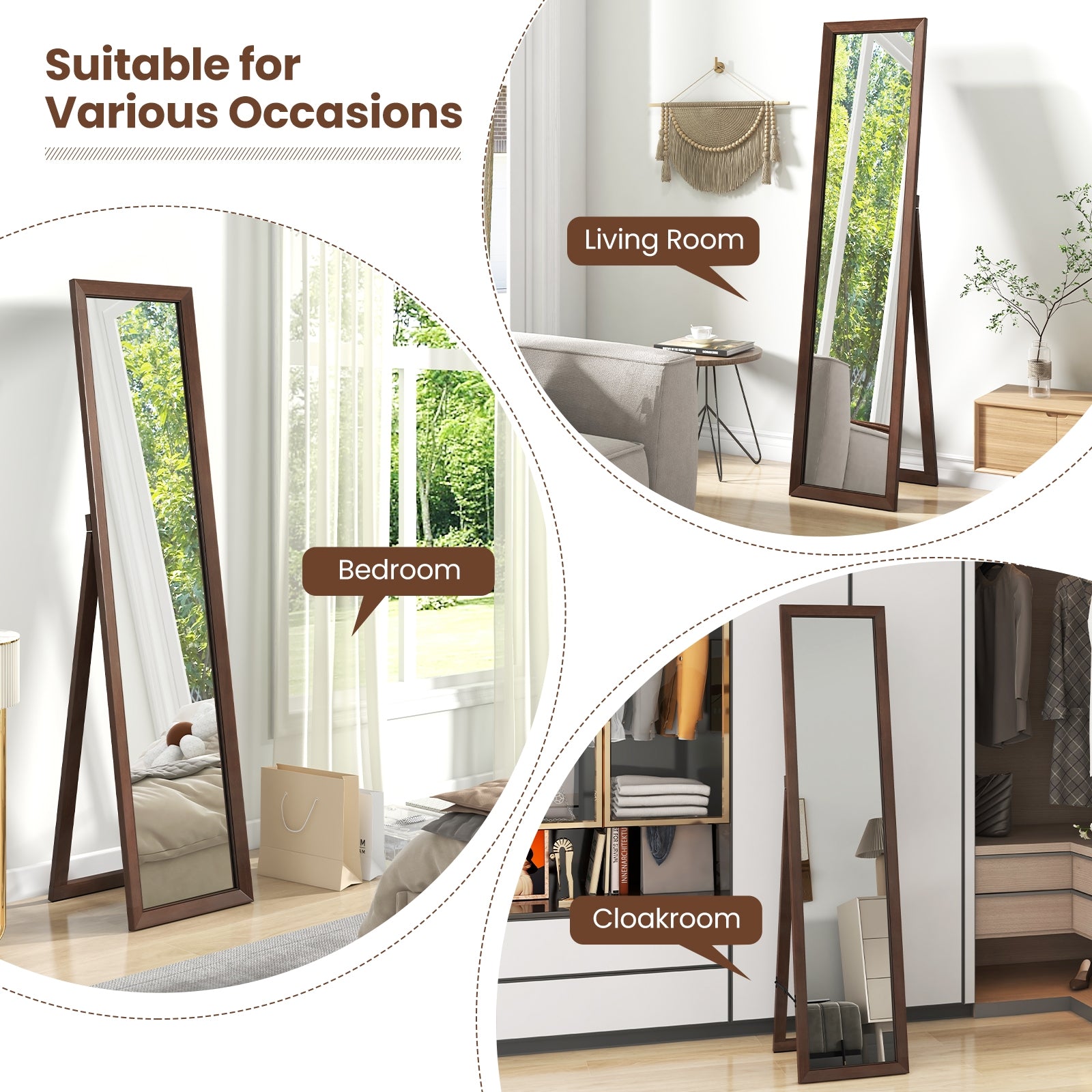 Full Length Mirror with Stand and Solid Wood Frame-14.5 x 14 x 61 inches, Brown Floor Mirrors at Gallery Canada