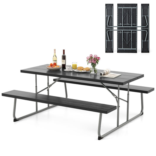 Folding Picnic Table Set with Metal Frame and All-Weather HDPE Tabletop  Umbrella Hole, Black - Gallery Canada